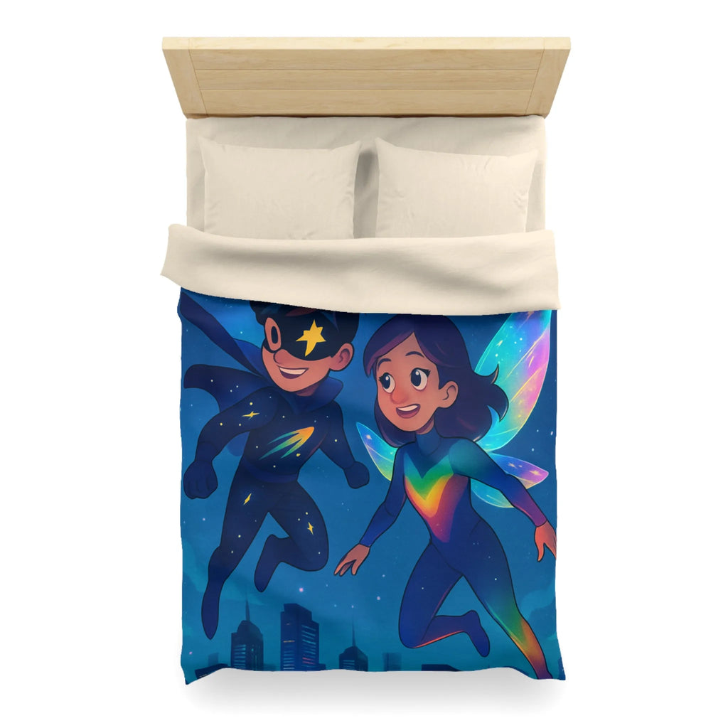 Housse de couette enfant illustrant super-héros lumineux volant au-dessus d’une ville étoilée