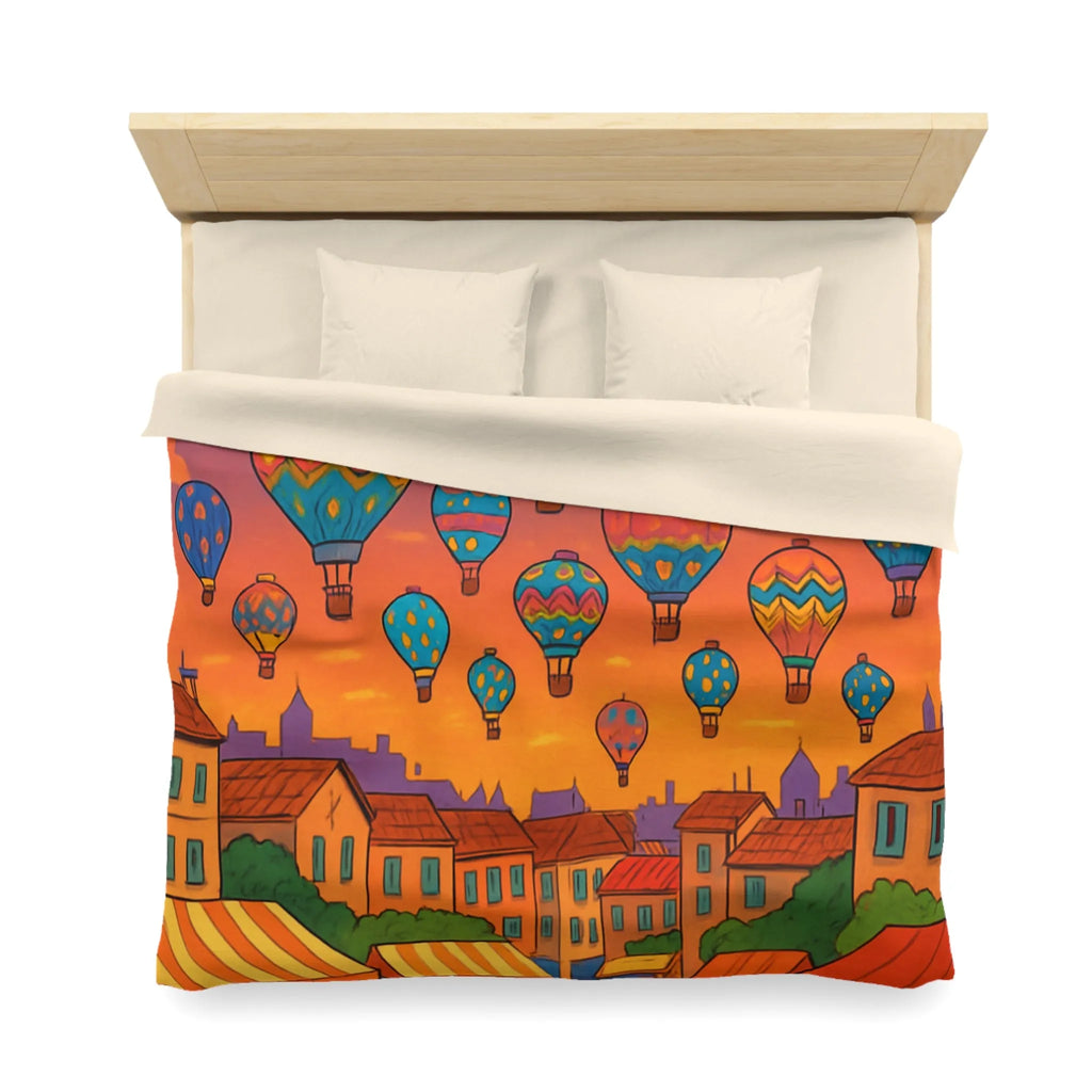 Housse de couette avec montgolfières colorées sur ciel au crépuscule villageois animé