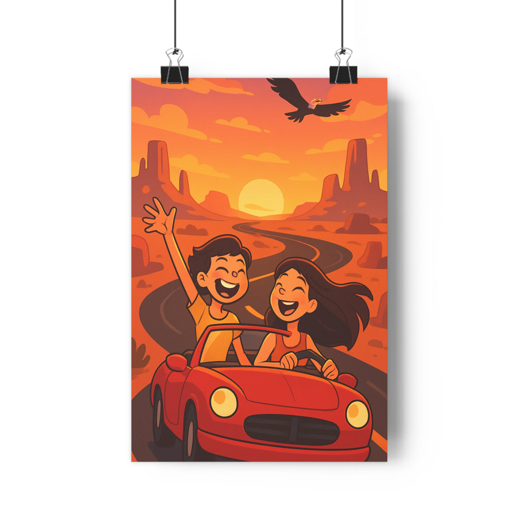 Poster décoratif aventure cartoon rouge orange joyeux salon chambre dynamique paysage coucher soleil créatif