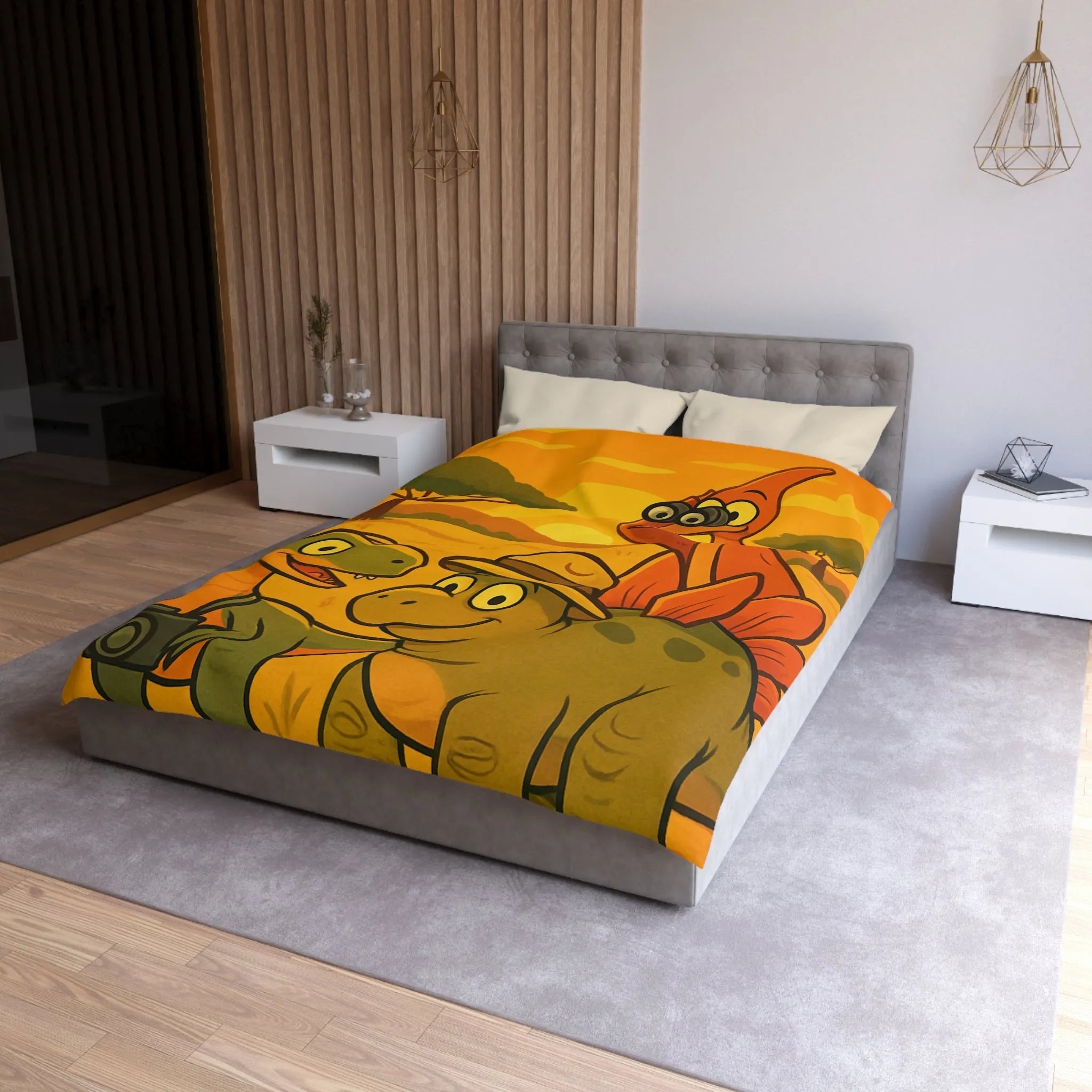 Housse de couette enfant illustrée dinosaures amusants safari coucher de soleil savane jungle