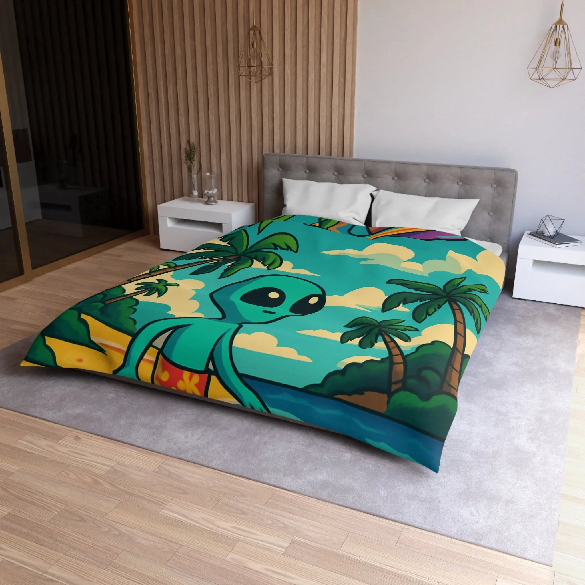 Housse de Couette Enfant Alien Plage Tropicale Planète Saturée Rêveur Ciel Imagination