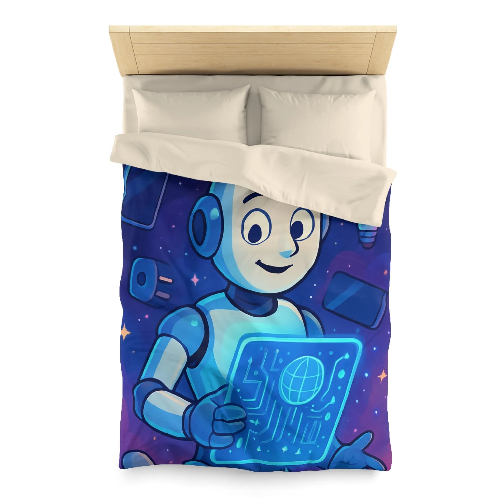 Housse de Couette Futuriste avec Robot et Gadgets Technologiques pour Chambre Moderne