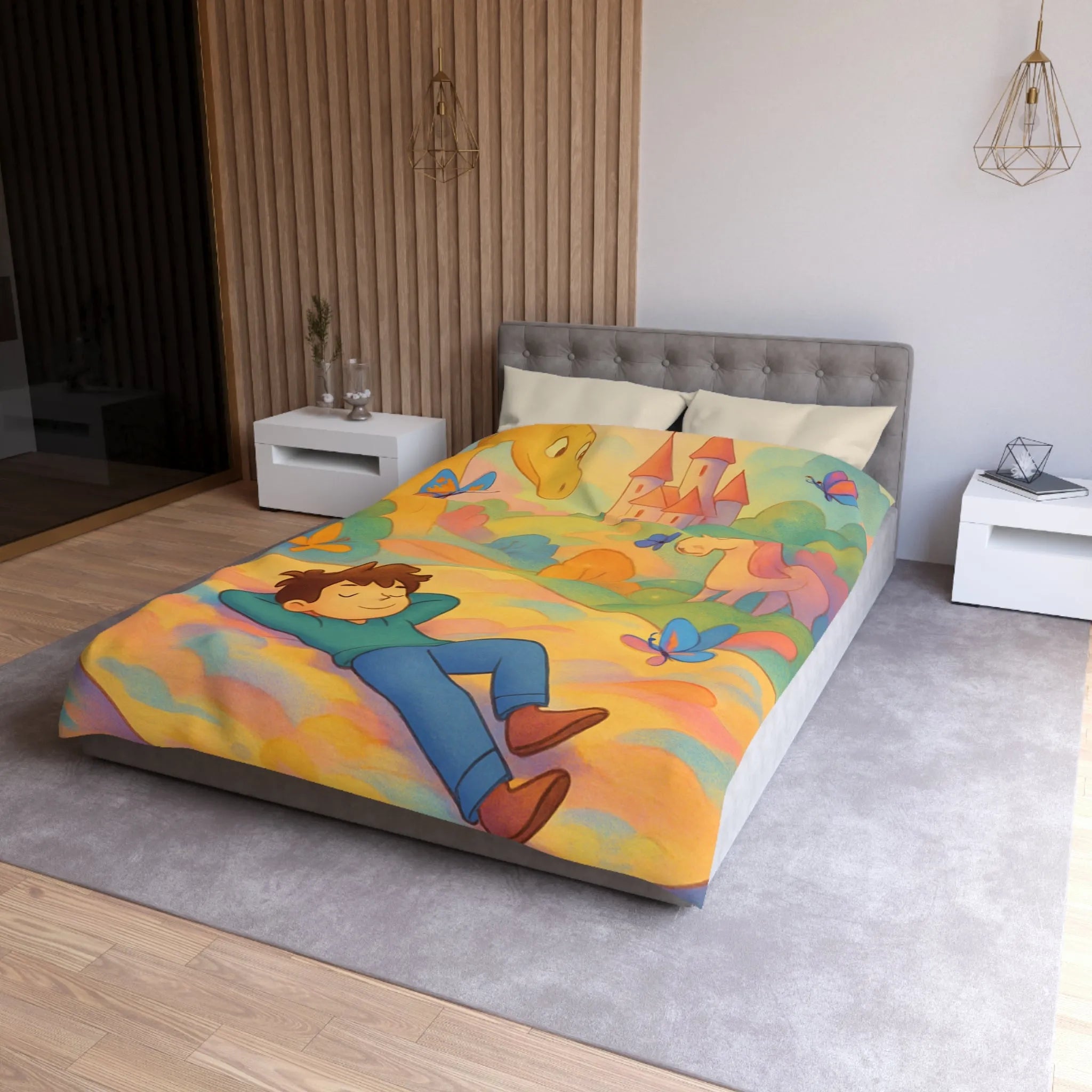 Housse de couette enfant dragon, licorne et château dans un décor féerique coloré