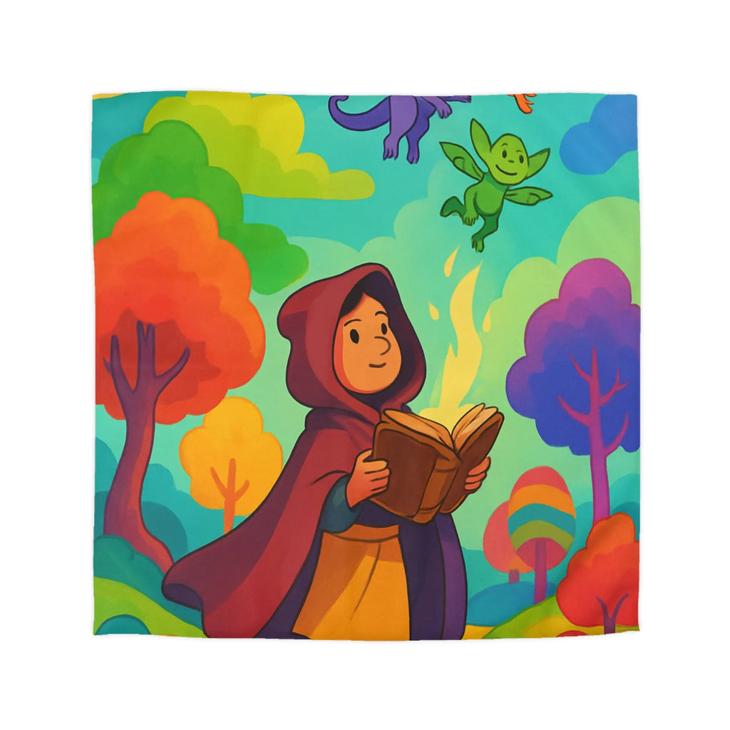 Housse de couette colorée avec scène magique de livre et créatures fantastiques
