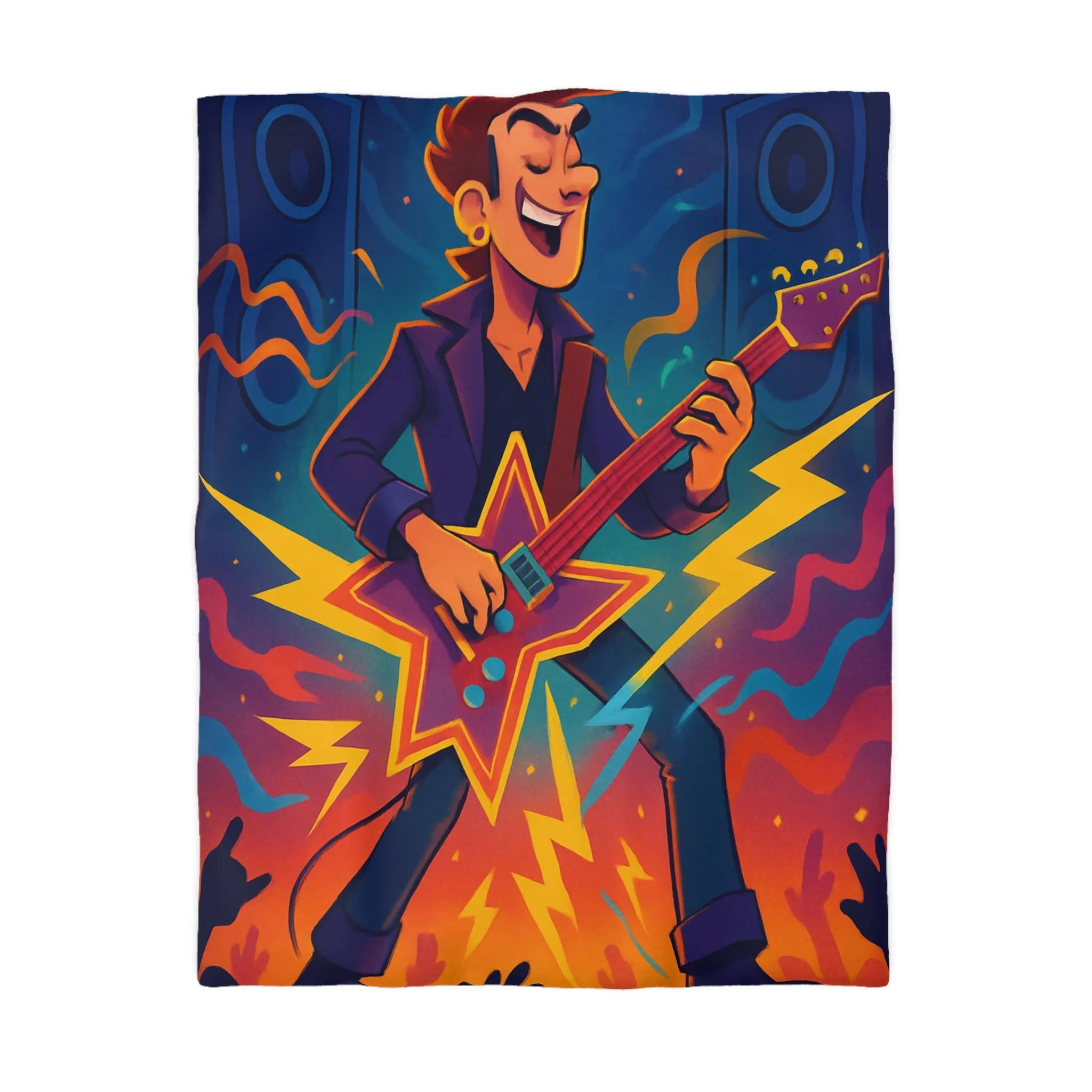 Housse de couette colorée avec musicien à la guitare électrique et effets visuels