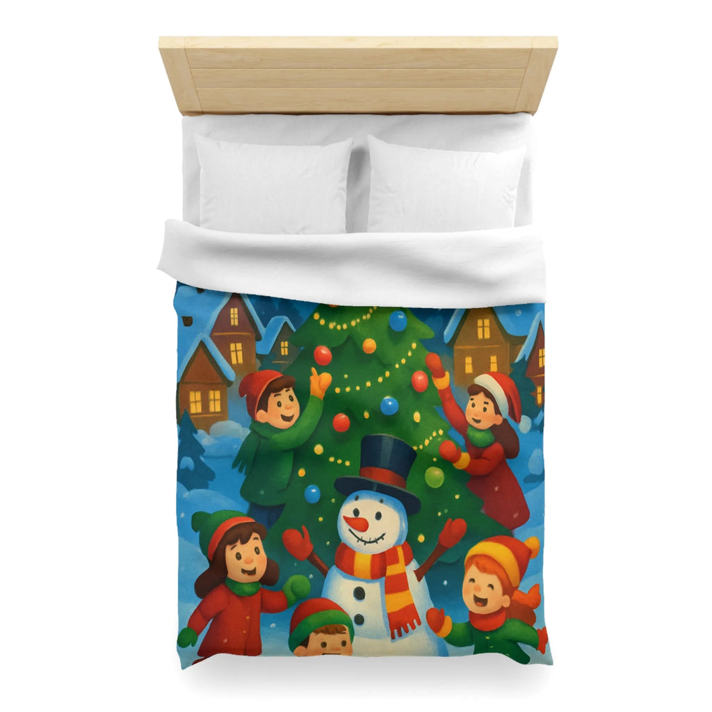 Housse de couette enfants scène festive avec bonhomme de neige et aurore boréale lumineuse