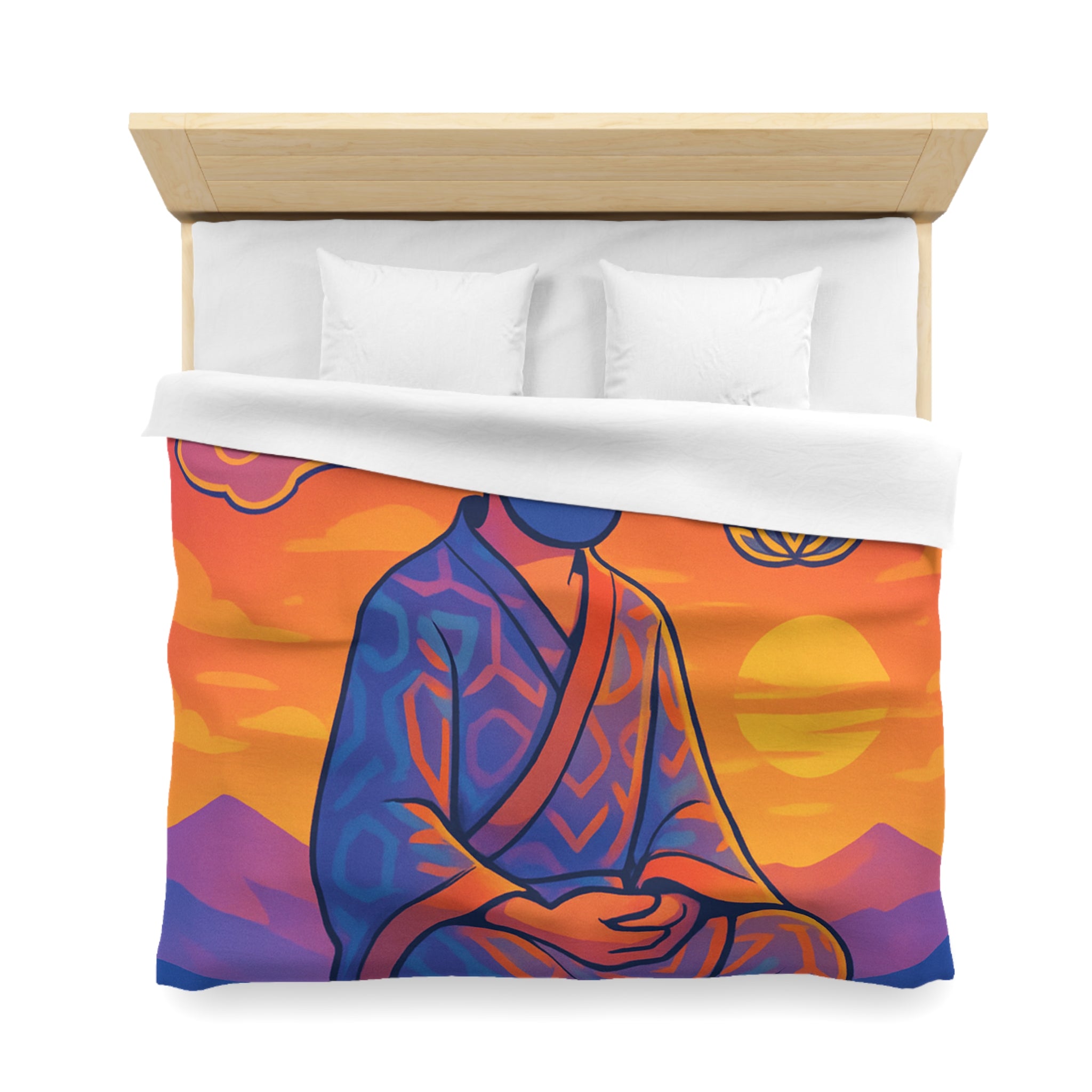 Housse de Couette Zen Moine Méditant au Coucher de Soleil Avec Fleurs de Lotus