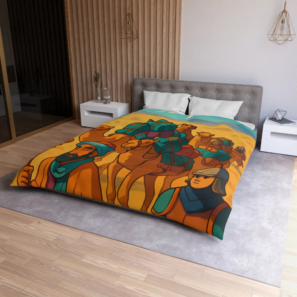 Housse de couette avec caravane de chameaux traversant un désert montagneux en arrière-plan