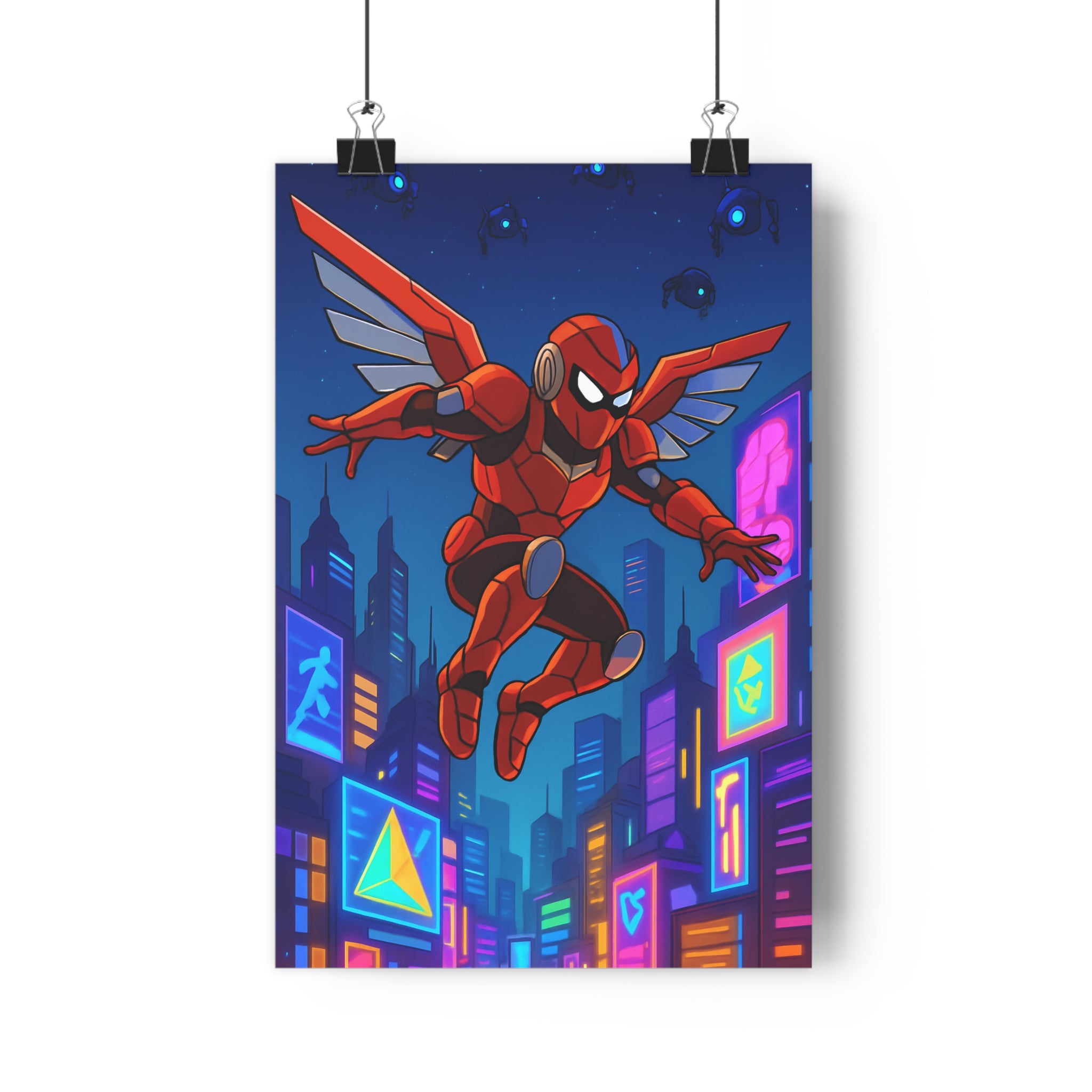 Poster décoratif superhéros rouge noir animé cyberpunk futuriste néons bleu orange chambre aventure moderne