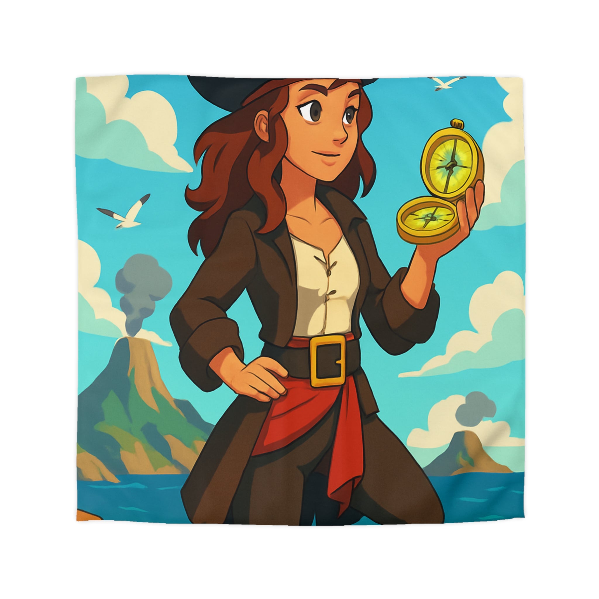 Housse de couette piraterie avec paysage maritime et aventurière avec boussole