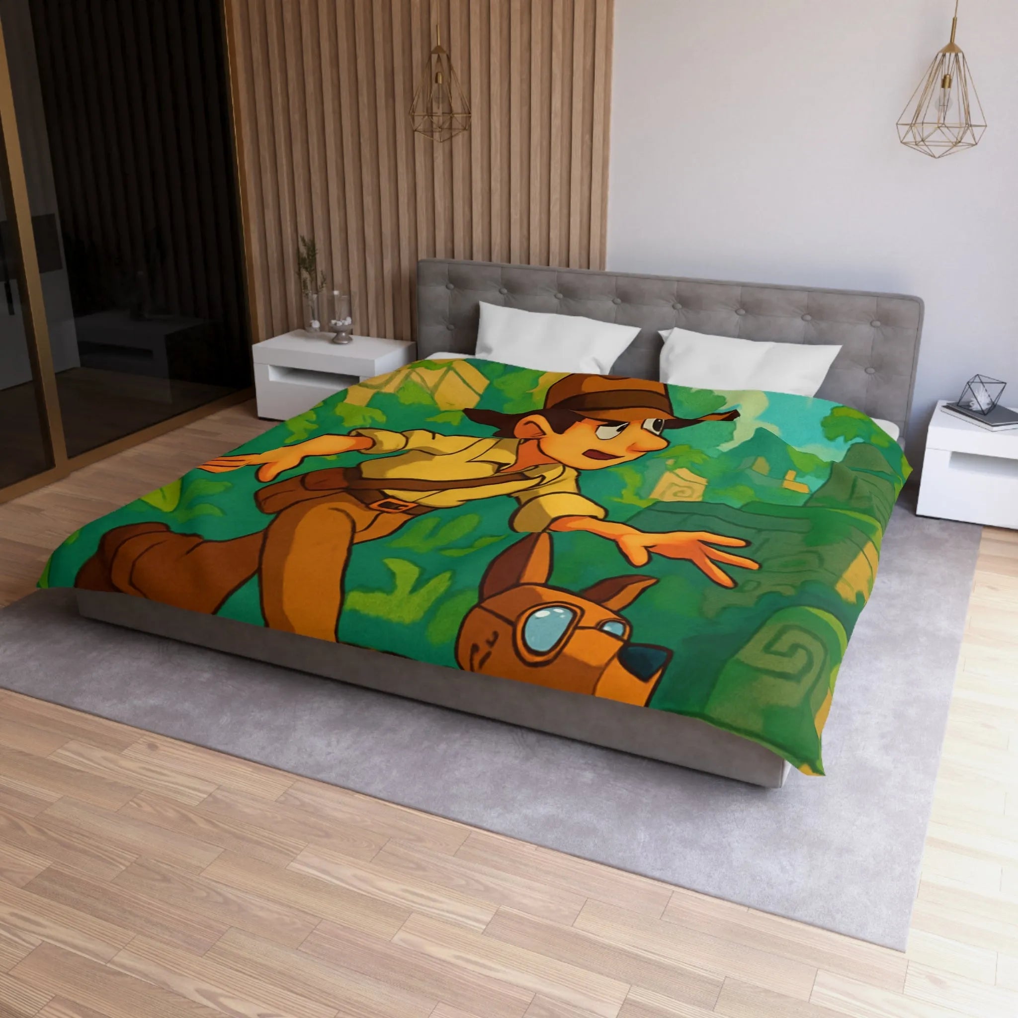 Housse de couette aventure jungle avec personnage explorateur et chien robotique animé