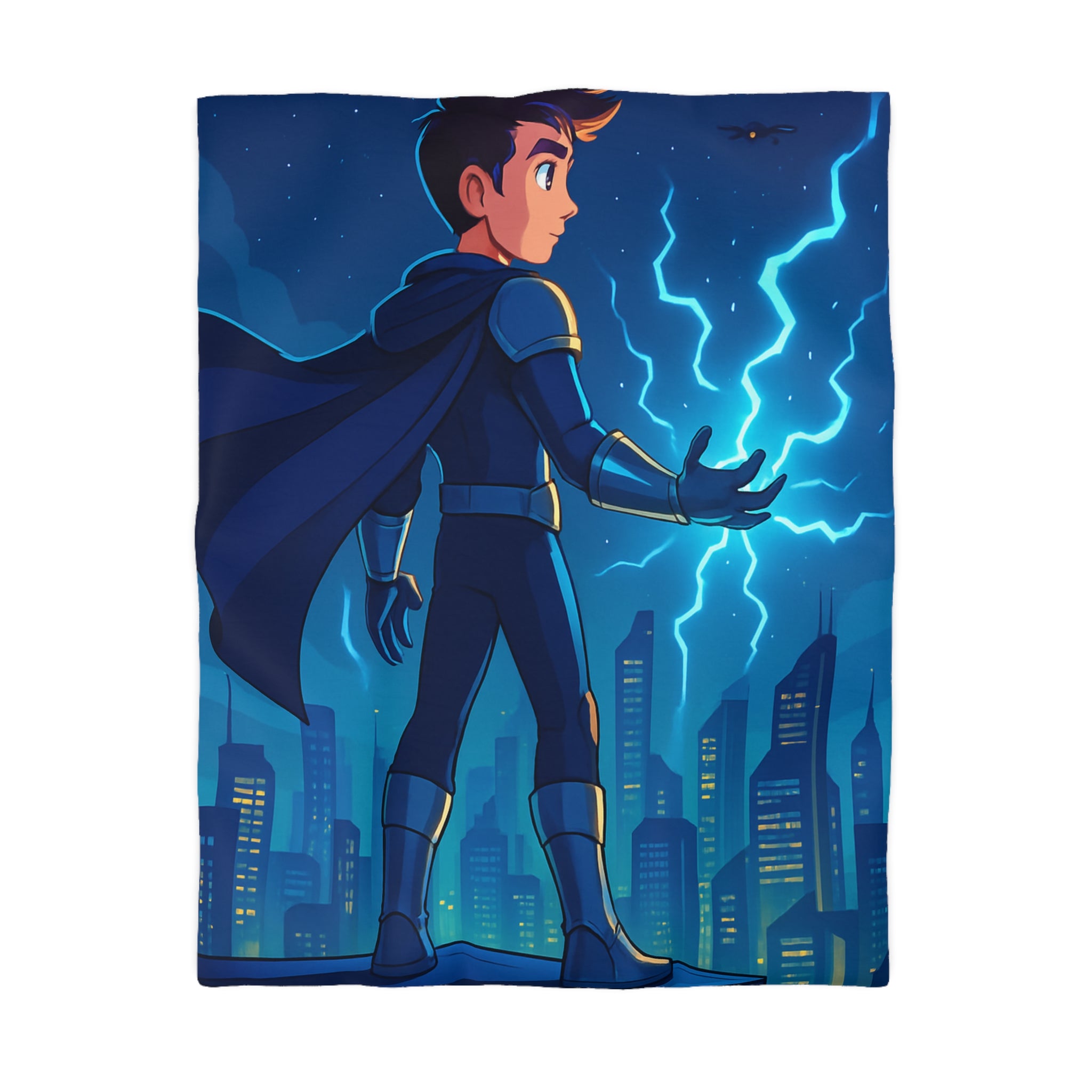Housse de couette super-héros nocturne avec pouvoirs électriques et drones futuristes urbains