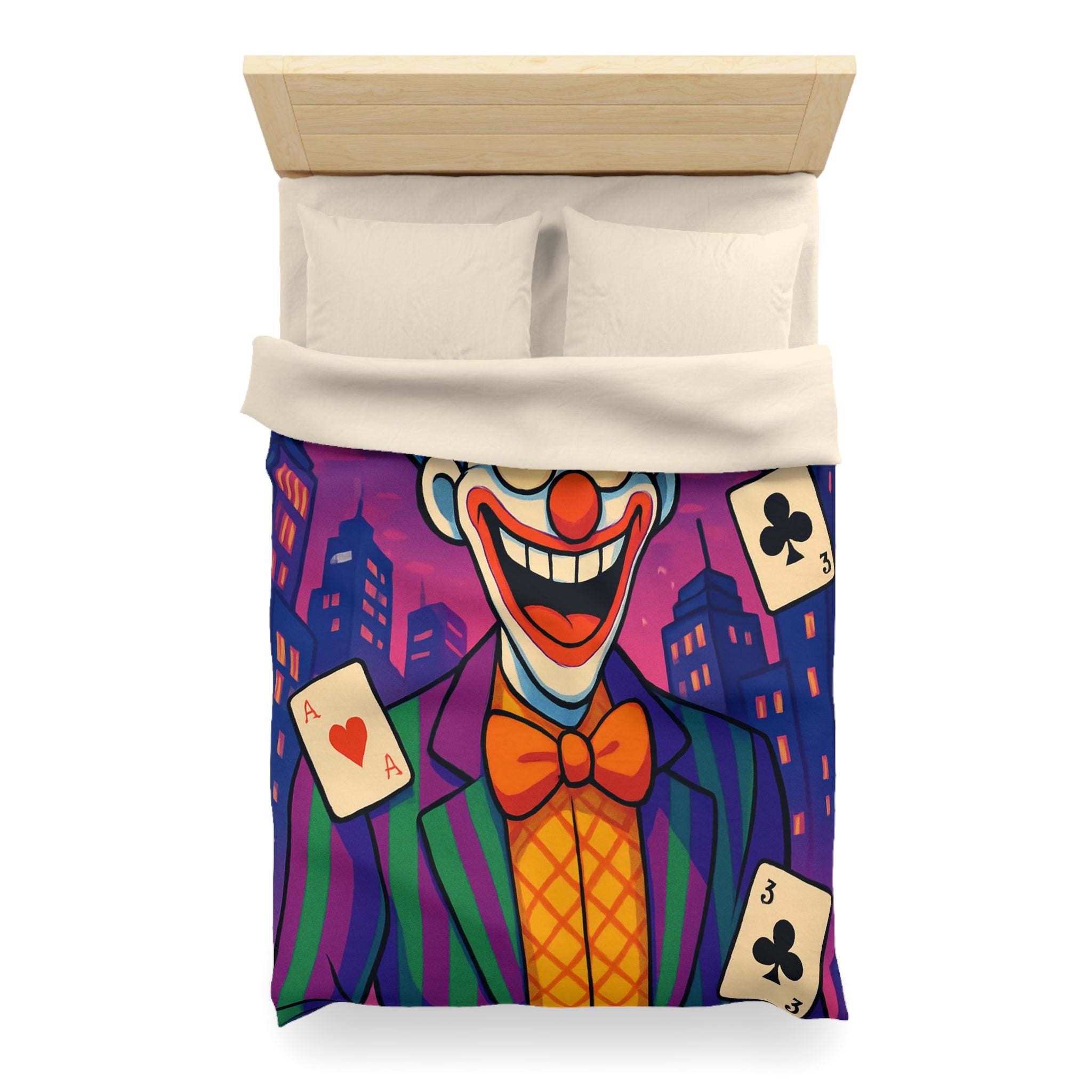 Housse de couette vibrante avec clown effrayant et cartes à jouer en arrière-plan urbain