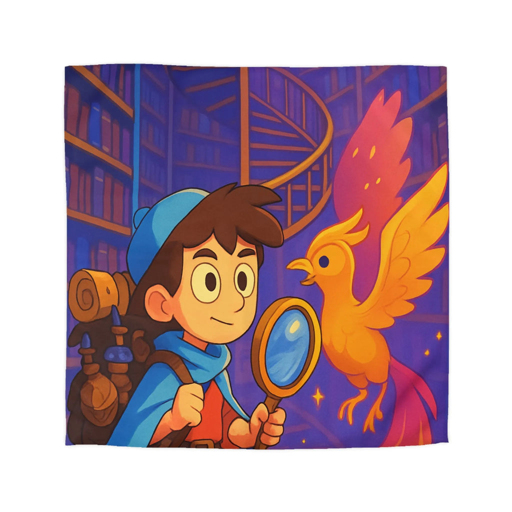 Housse de couette magique avec détective et phénix dans une bibliothèque enchanteresse