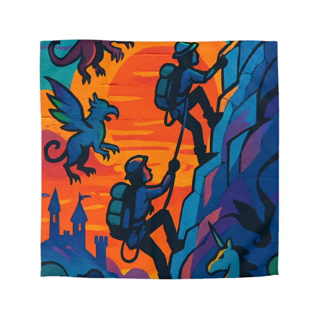 Housse de couette aventure fantastique avec montagnes, créatures mythiques et coucher de soleil