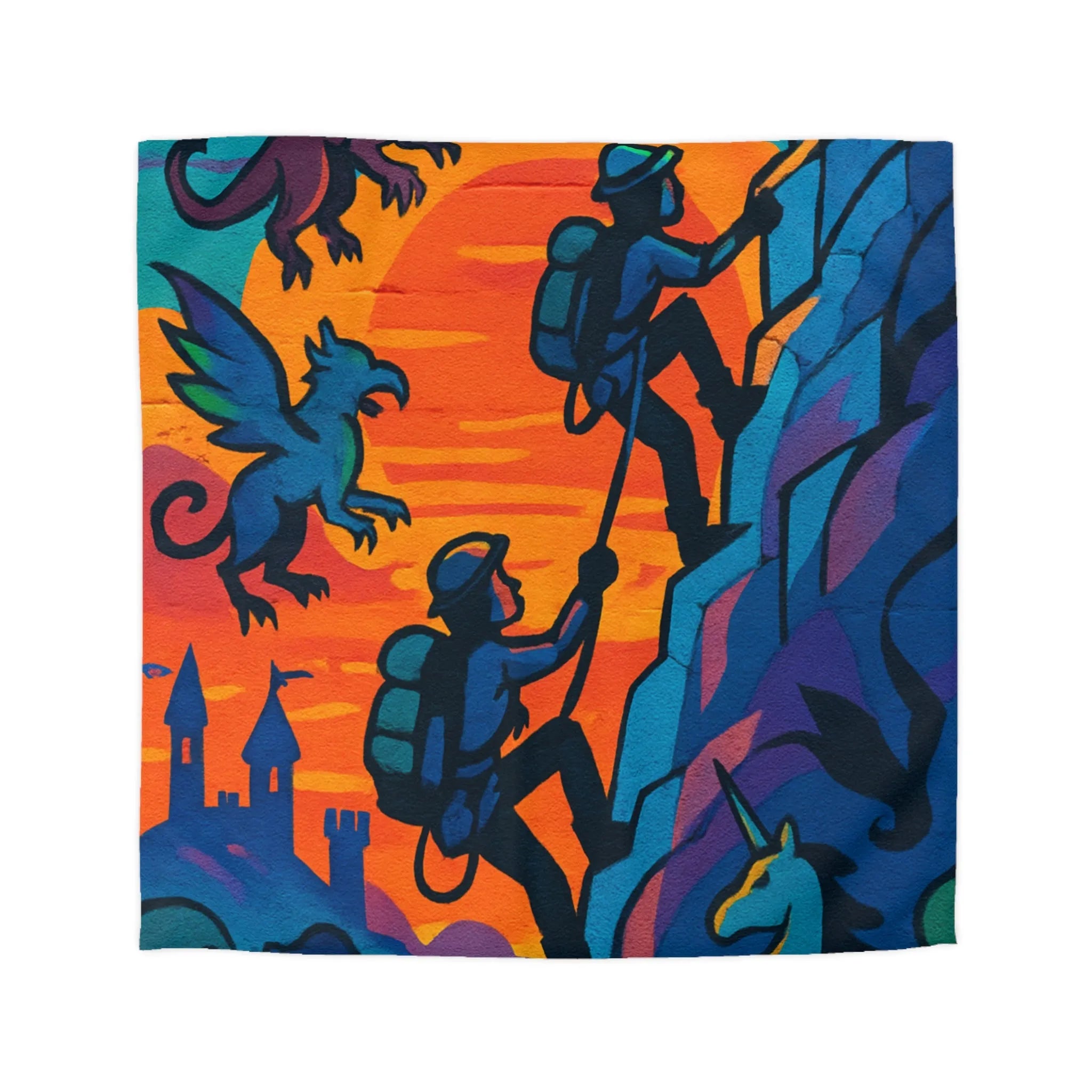 Housse de couette aventure fantastique avec montagnes, créatures mythiques et coucher de soleil