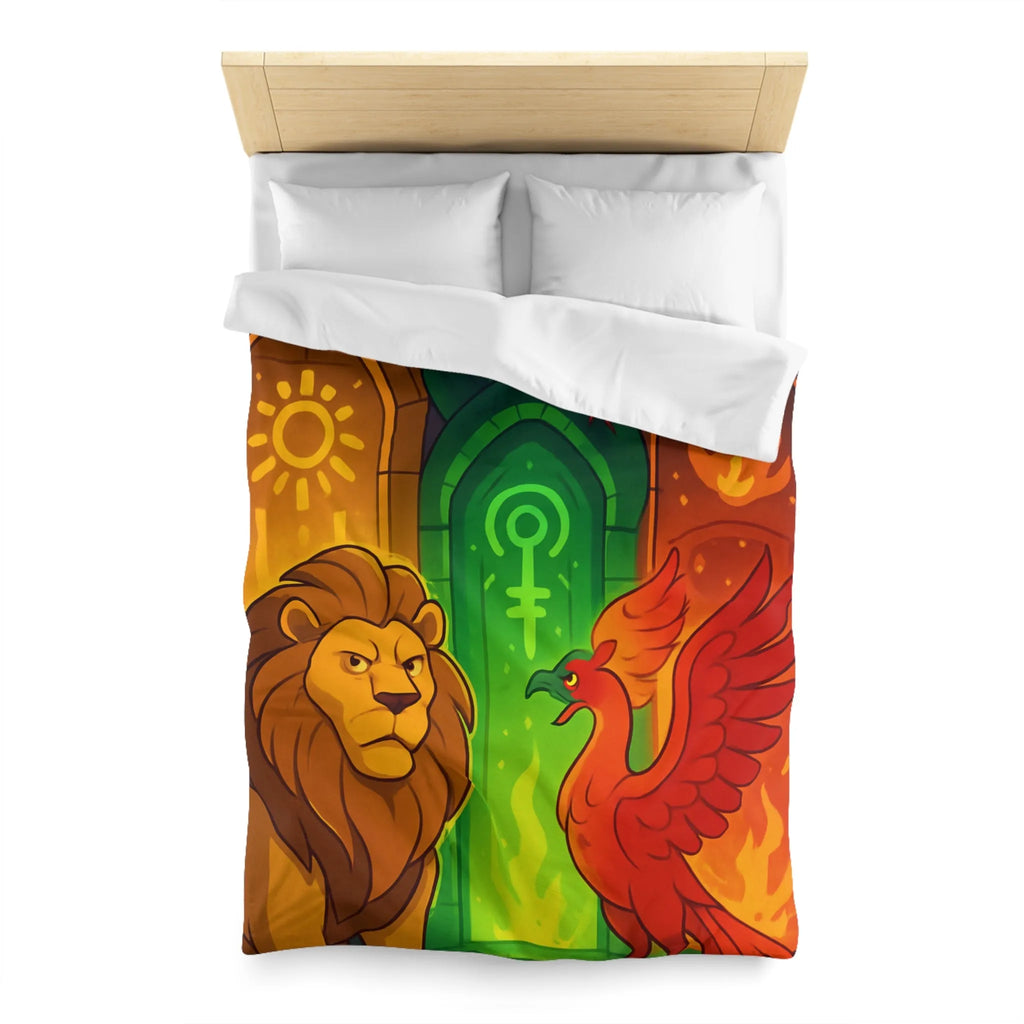 Housse de couette avec motifs lion, serpent et phénix sur fond médiéval magique