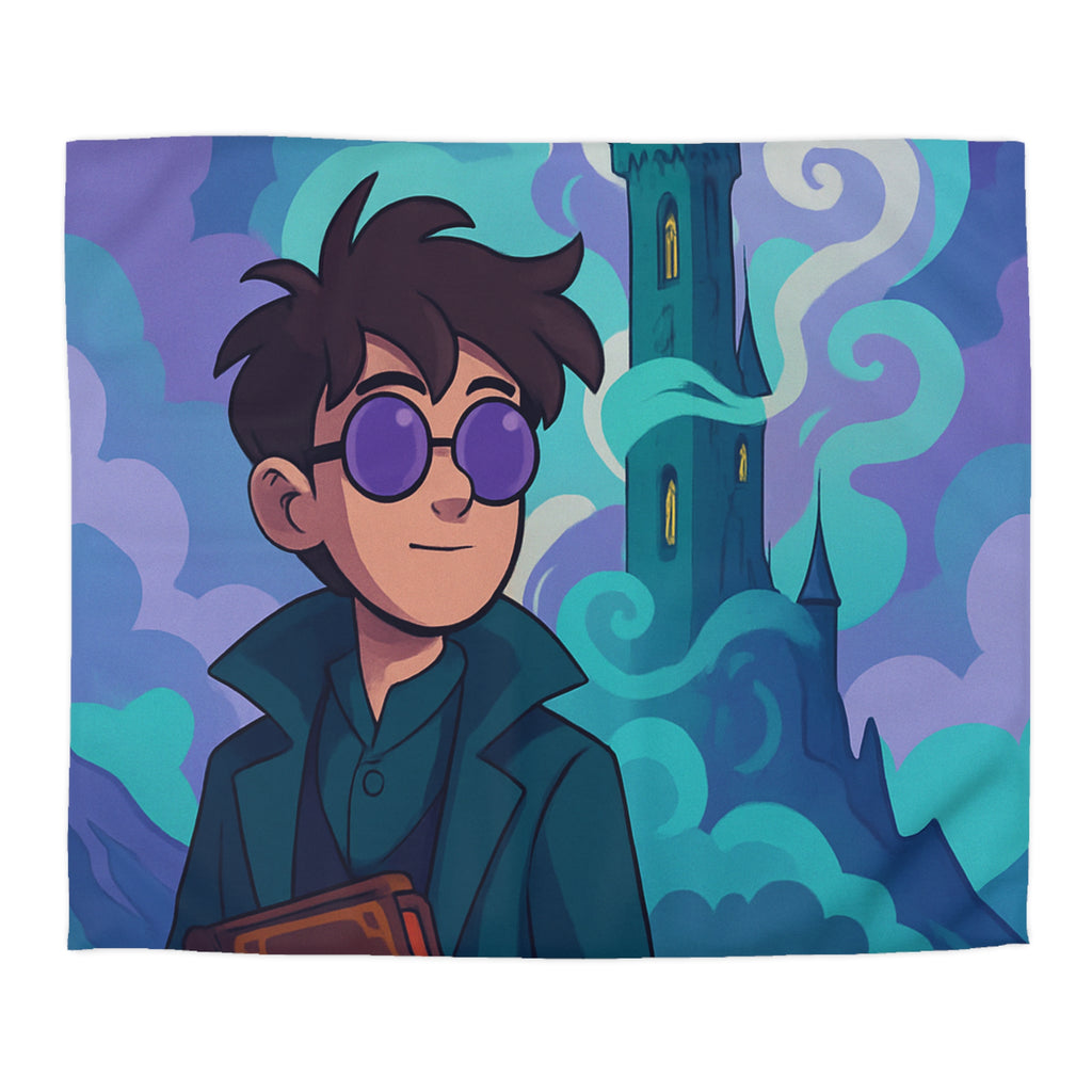 Housse de couette mystérieuse illustrant tour magique, train vapeur et hibou volant