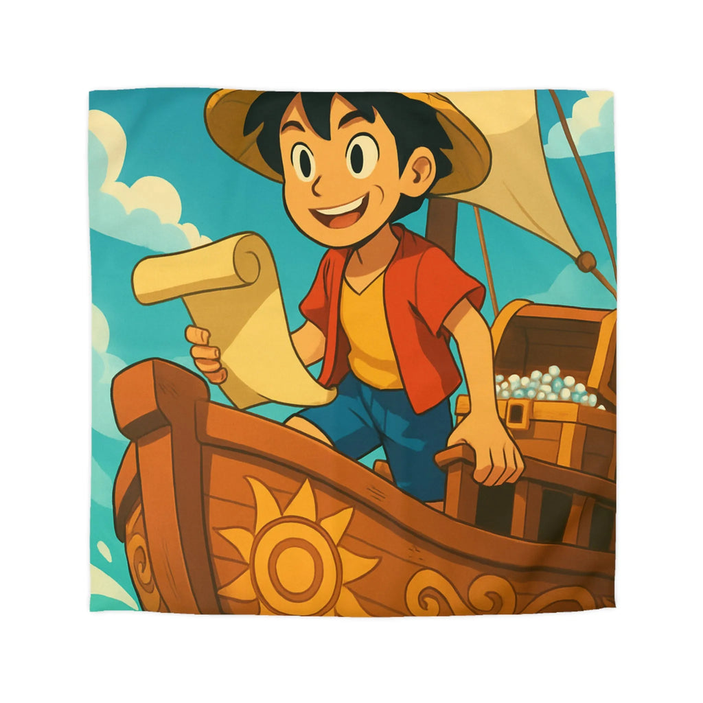 Douce housse de couette enfant motif pirate joyeux en bateau sur vagues bleues