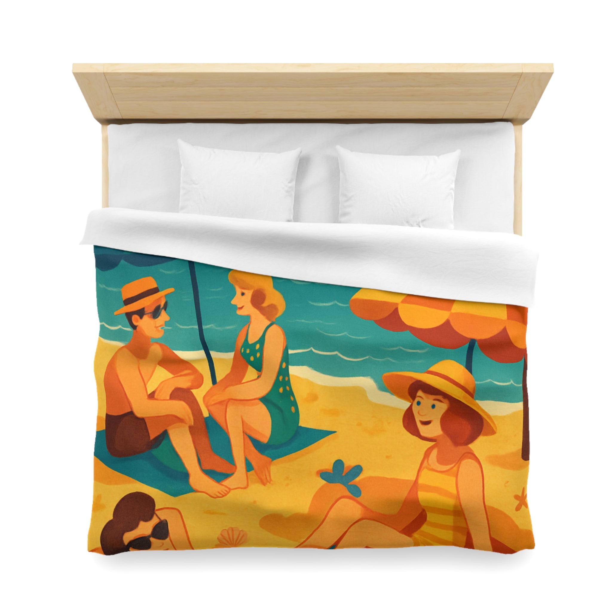 Housse de couette rétro plage colorée avec palmiers, parasols et amis au soleil