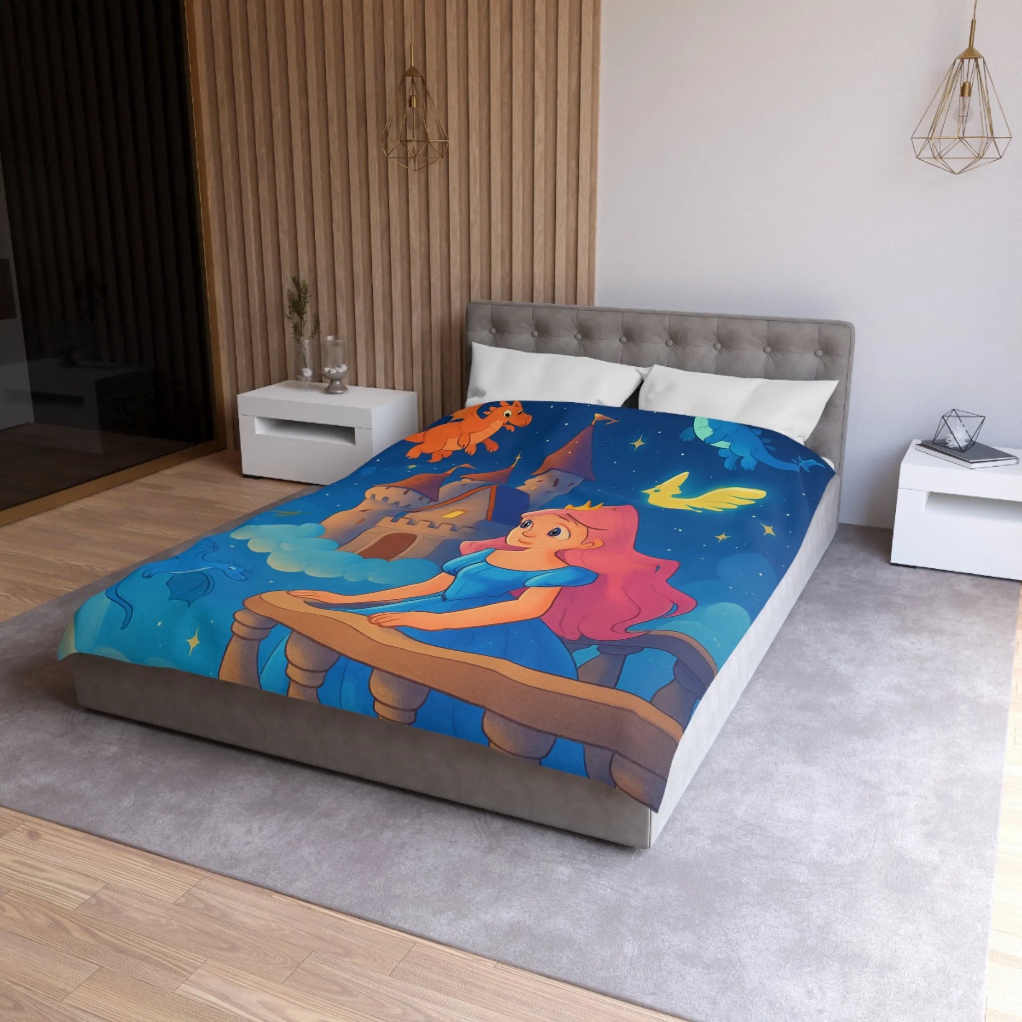 Housse de Couette Enfant Représentant Princesse et Dragons dans un Ciel Nocturne Magique