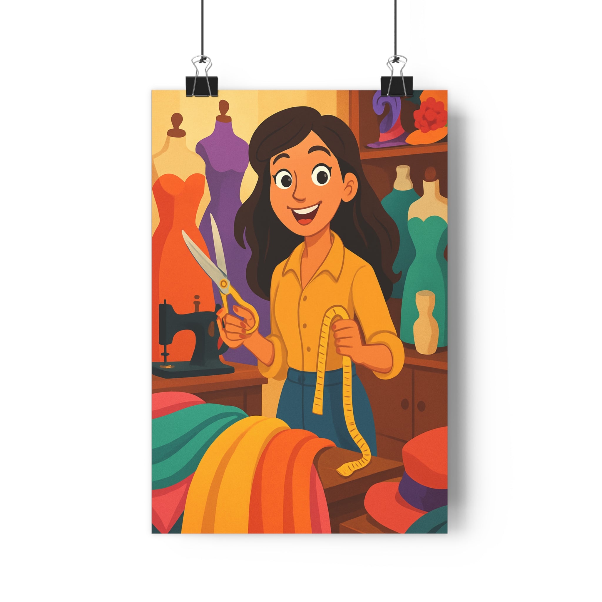 Poster décoratif coloré cartoon couture turquoise orange jaune créatif joyeux atelier femme chambre bureau