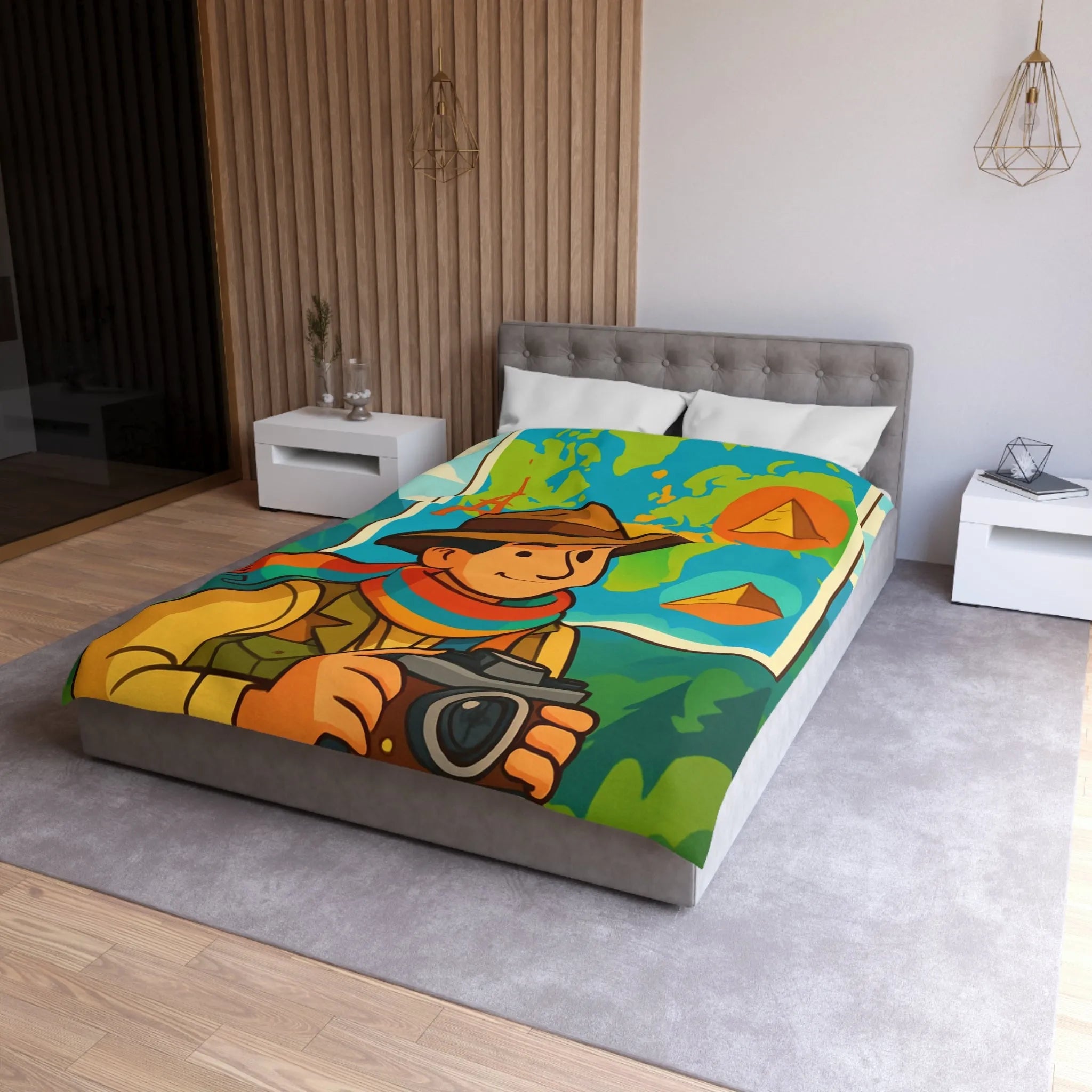 Housse de Couette Aventure Monde Carte Explorateur avec Illustrations Colorées et Éléments Culturels