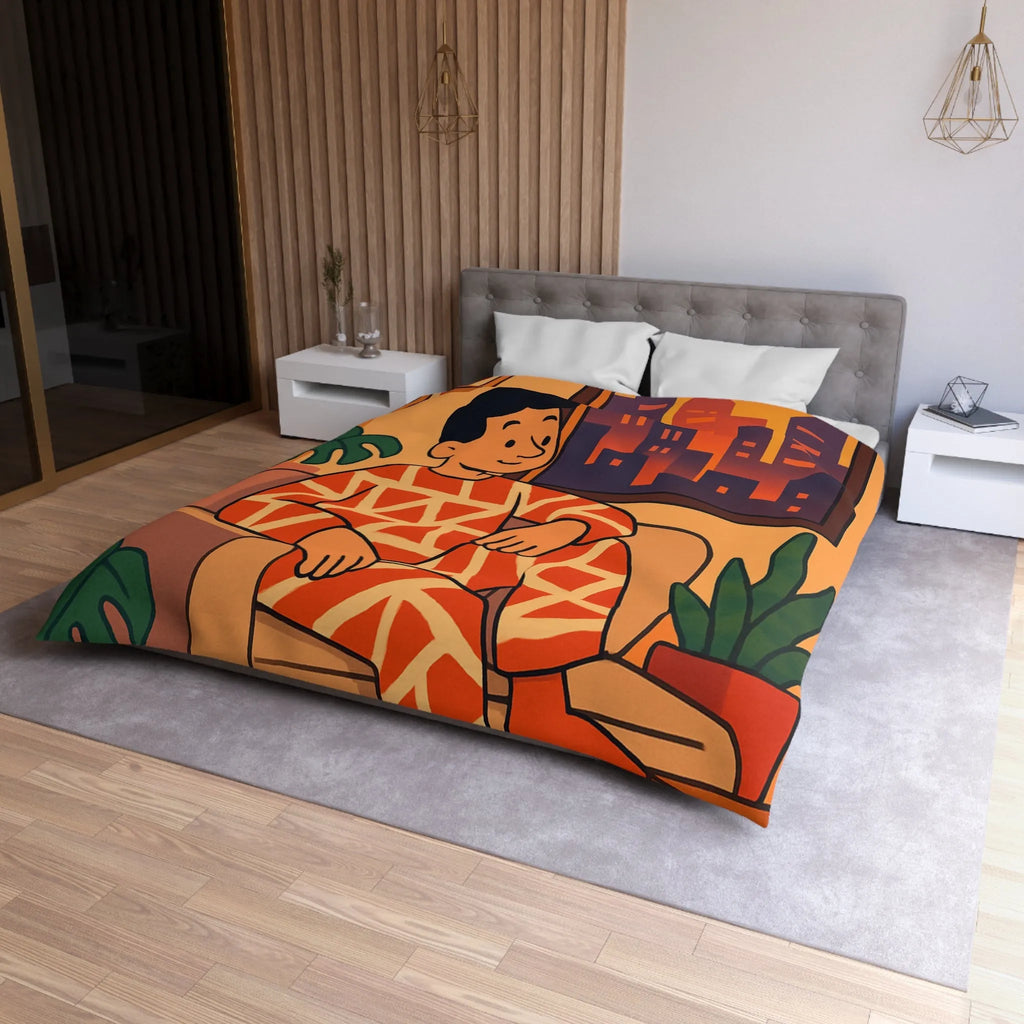 Housse de couette aux motifs géométriques avec scène de coucher de soleil en ville