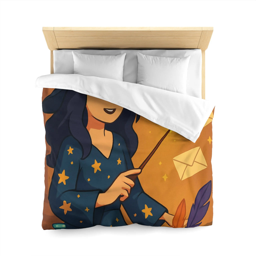 Housse de couette magique avec apprentie sorcière, quill et enveloppes flottantes animées