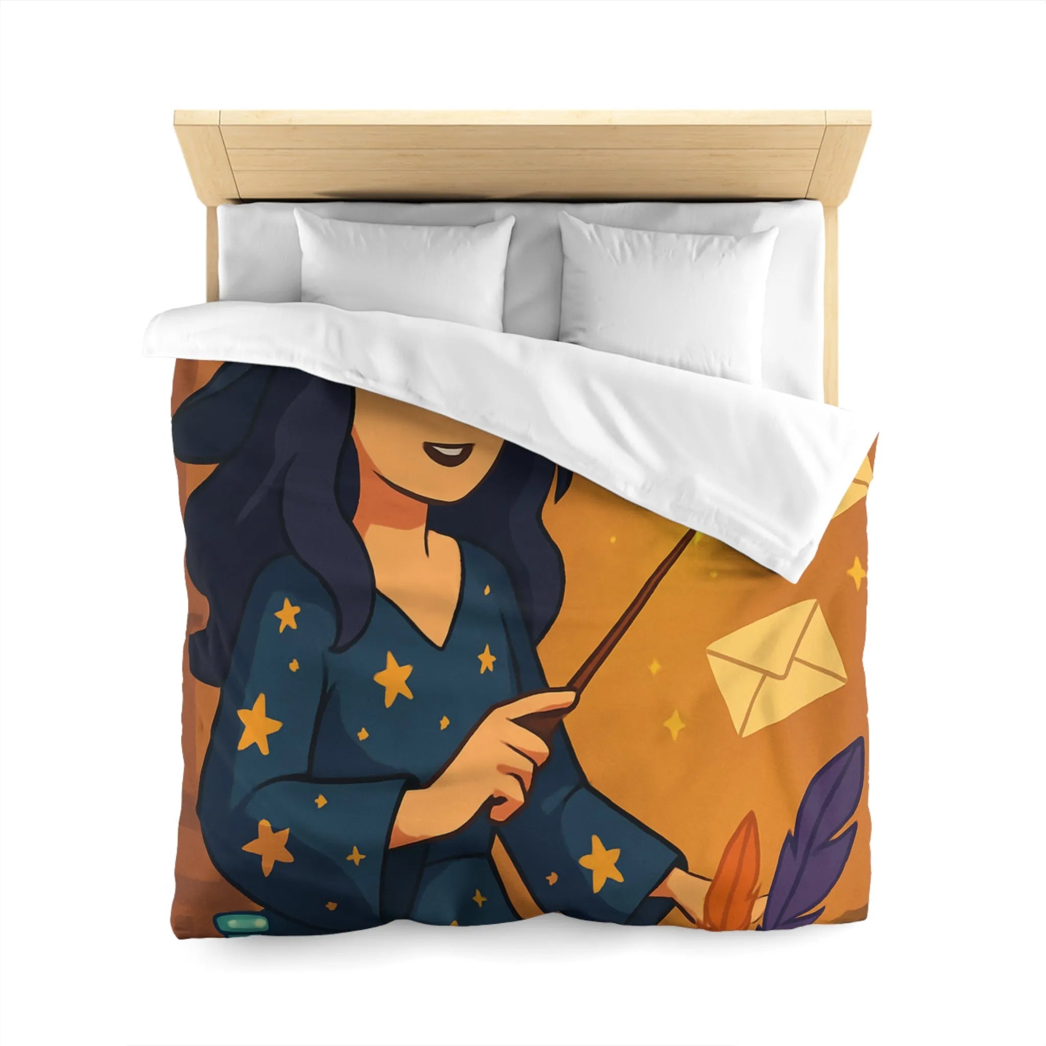 Housse de couette magique avec apprentie sorcière, quill et enveloppes flottantes animées