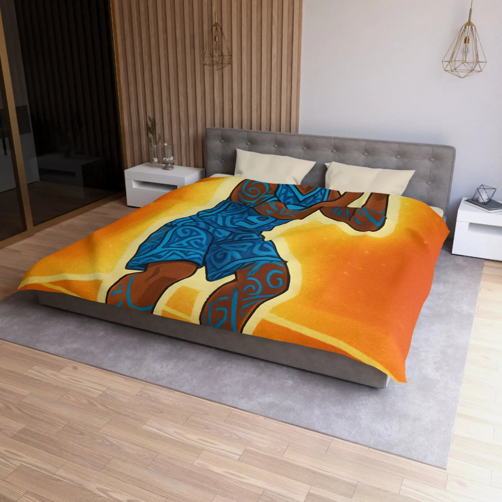 Housse De Couette Avec Joueur De Basketball Graphique En Bleu Sur Fond Orange