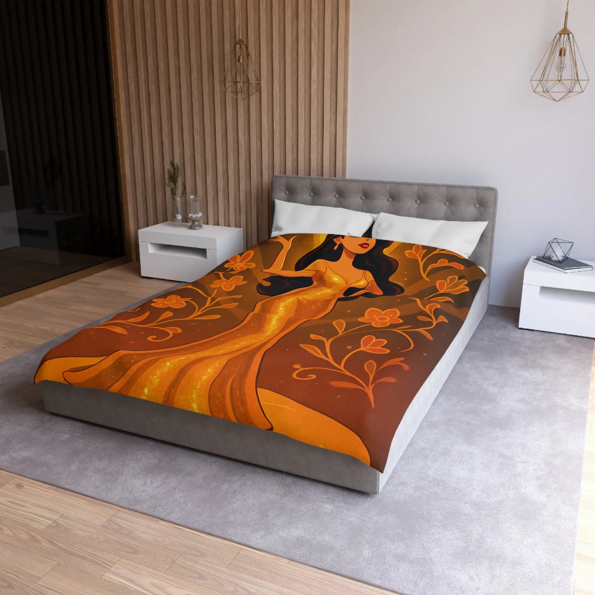 Élégante illustration de femme en robe dorée longue avec fleurs et effets lumineux