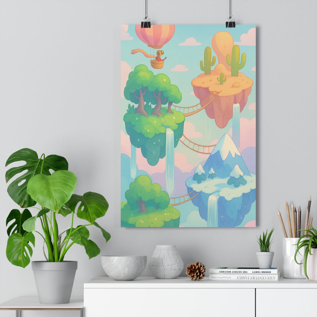 Poster décoratif féérique pastel cartoon rêveur aventure îles flottantes chambre enfant paysage magique montgolfière