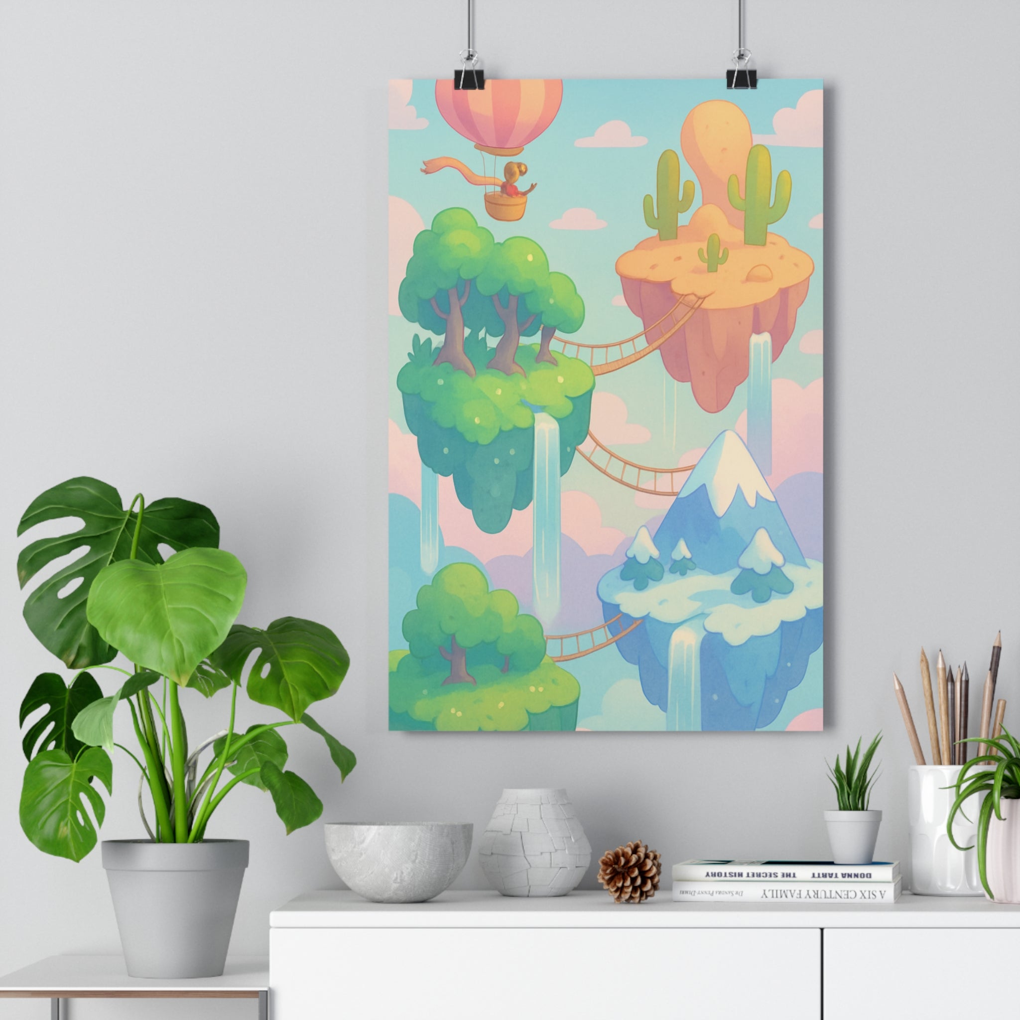 Poster décoratif féérique pastel cartoon rêveur aventure îles flottantes chambre enfant paysage magique montgolfière