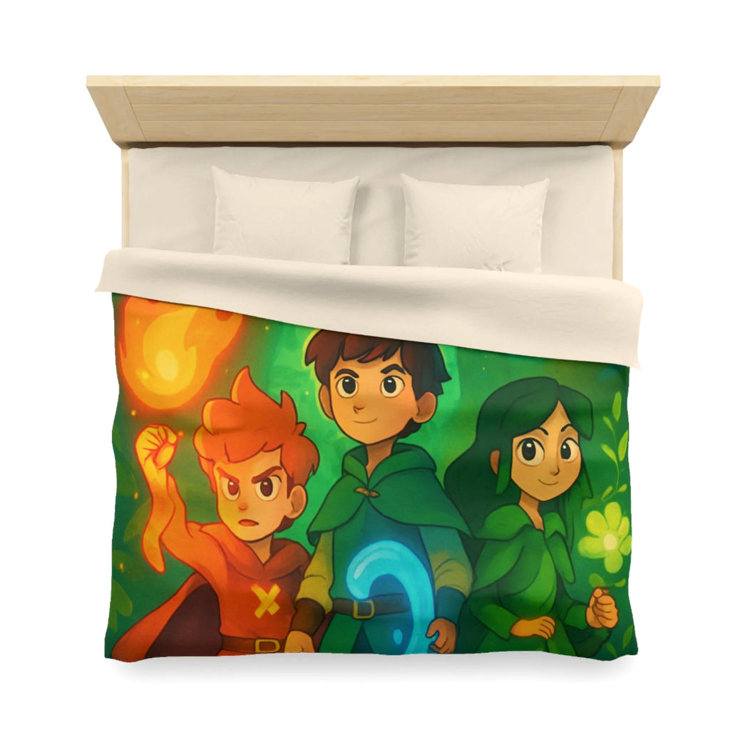 Housse de couette enchantée avec personnages magiques dans une forêt lumineuse et colorée