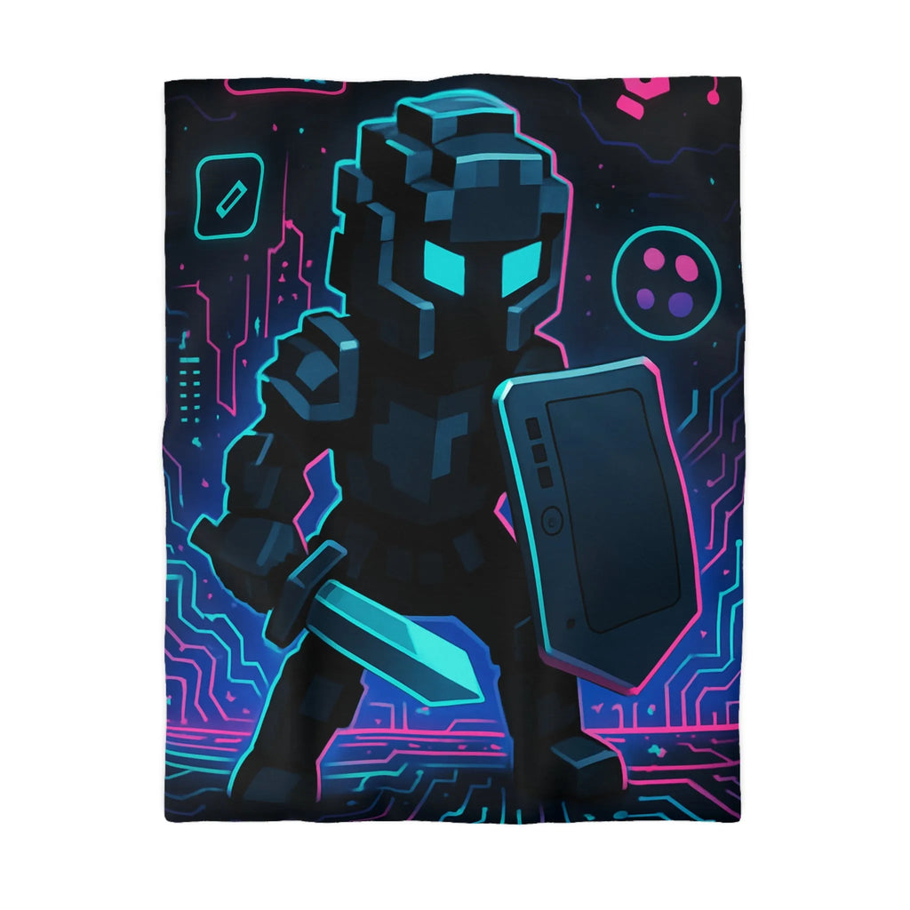 Housse de Couette avec Guerrier Pixel Art et Éléments Numériques Lumineux Nocturnes