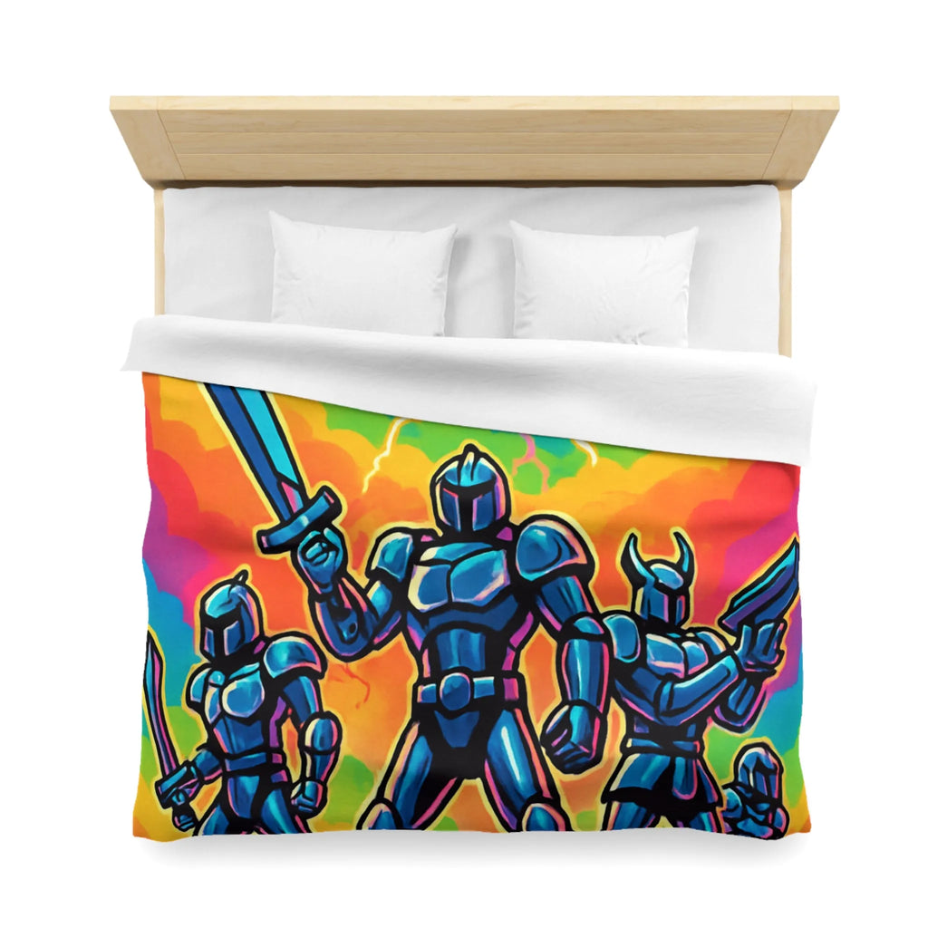 Housse de Couette Chevaliers Futuristes avec Épées et Fond Arc-En-Ciel Électrisant