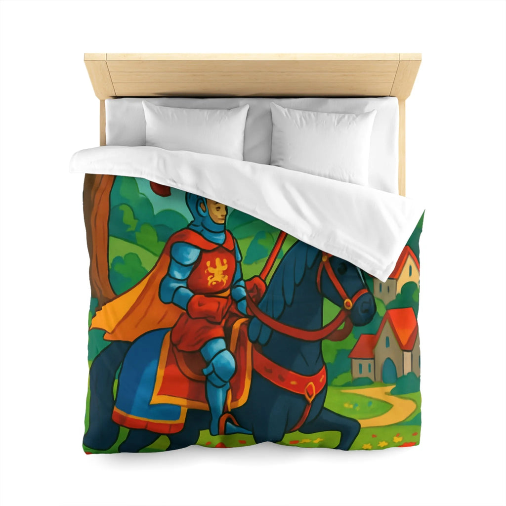 Housse de couette chevalier médiéval illustrée avec château et paysage floral vibrant