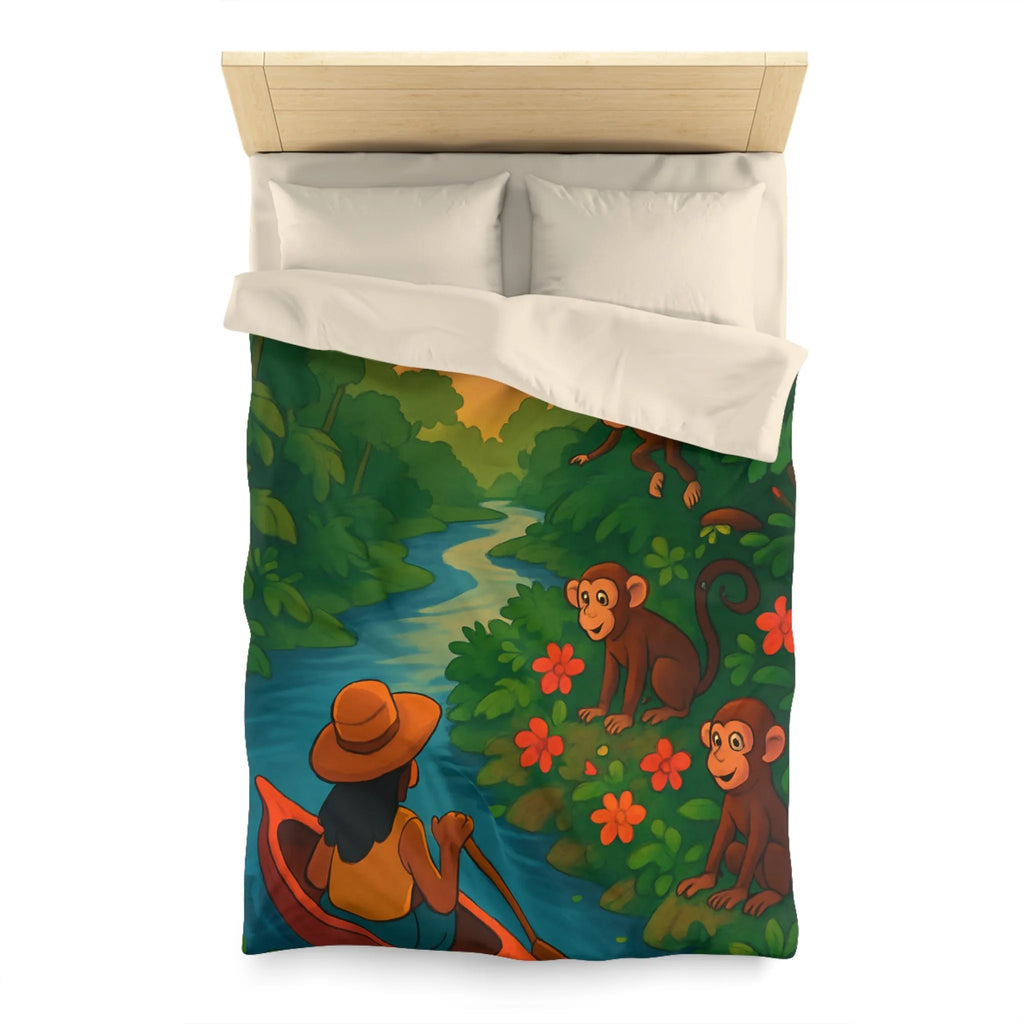 Housse de Couette Jungle avec Singes et Femme en Canot sur Rivière Tropicale