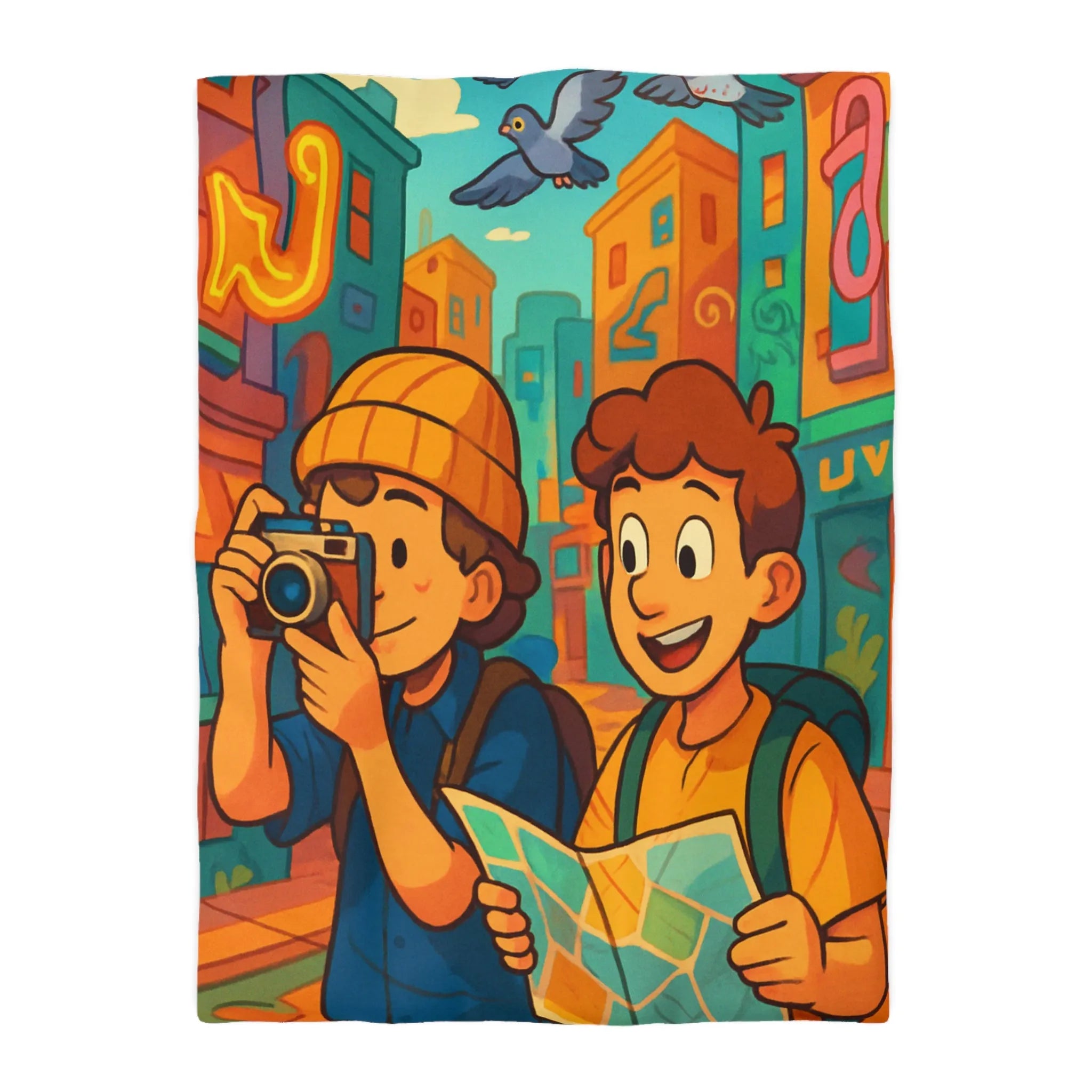 Housse de Couette Colorée avec Illustration de Voyageurs Urbains et Oiseaux Animés