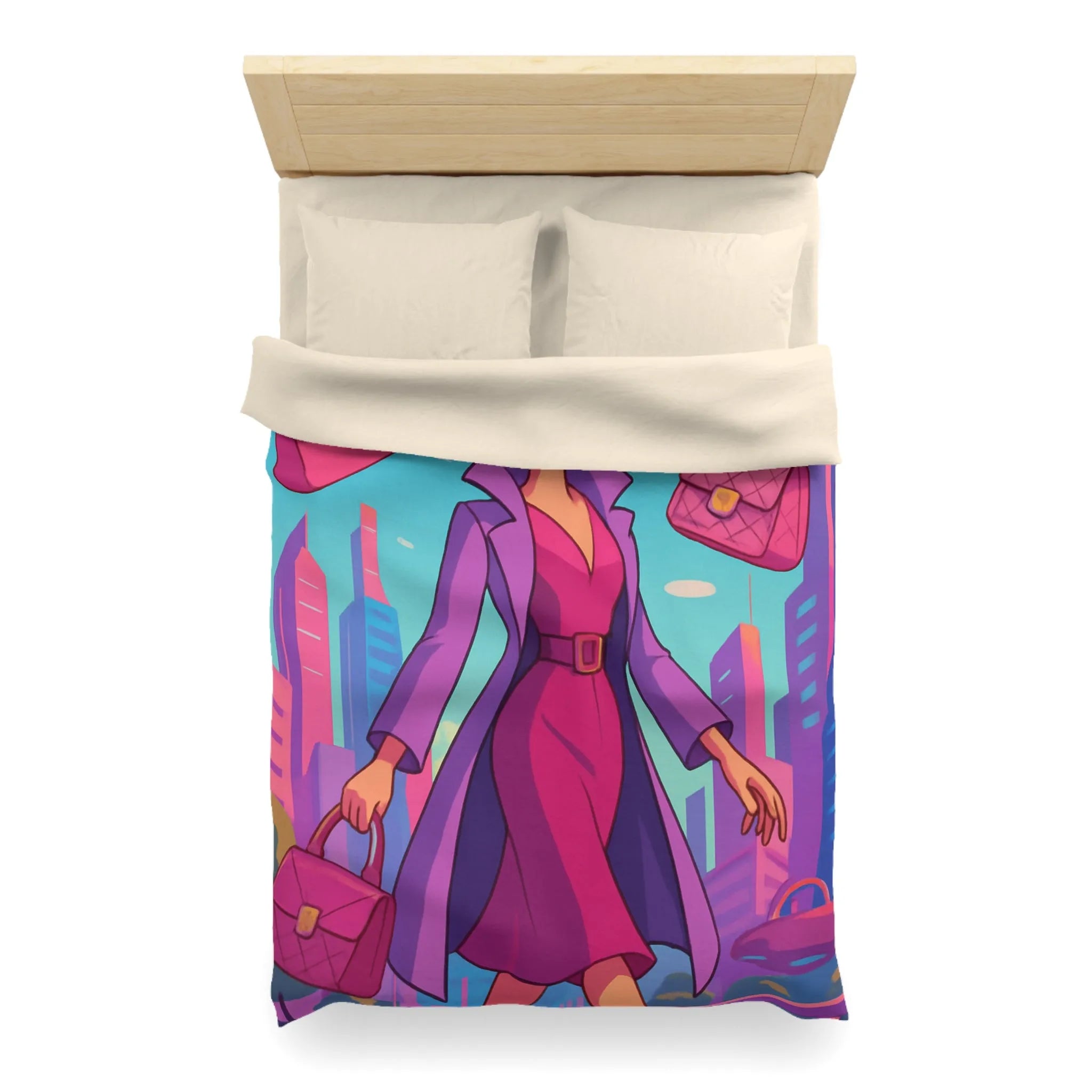 Élégante illustration urbaine rétro-futuriste avec personnage glamour et accessoires stylés en rose