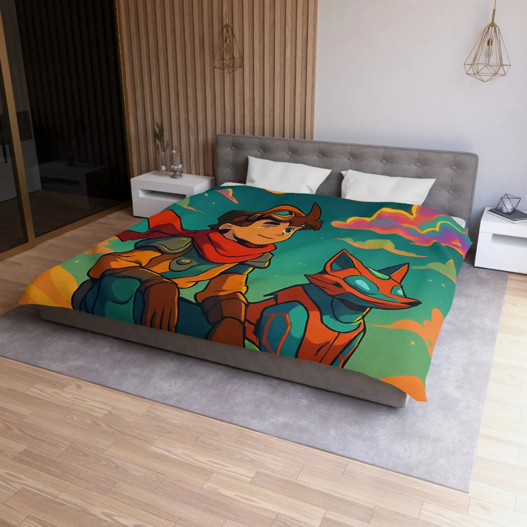 Housse de couette avec illustration colorée de personnage animé et chien robot sous ciel étoilé