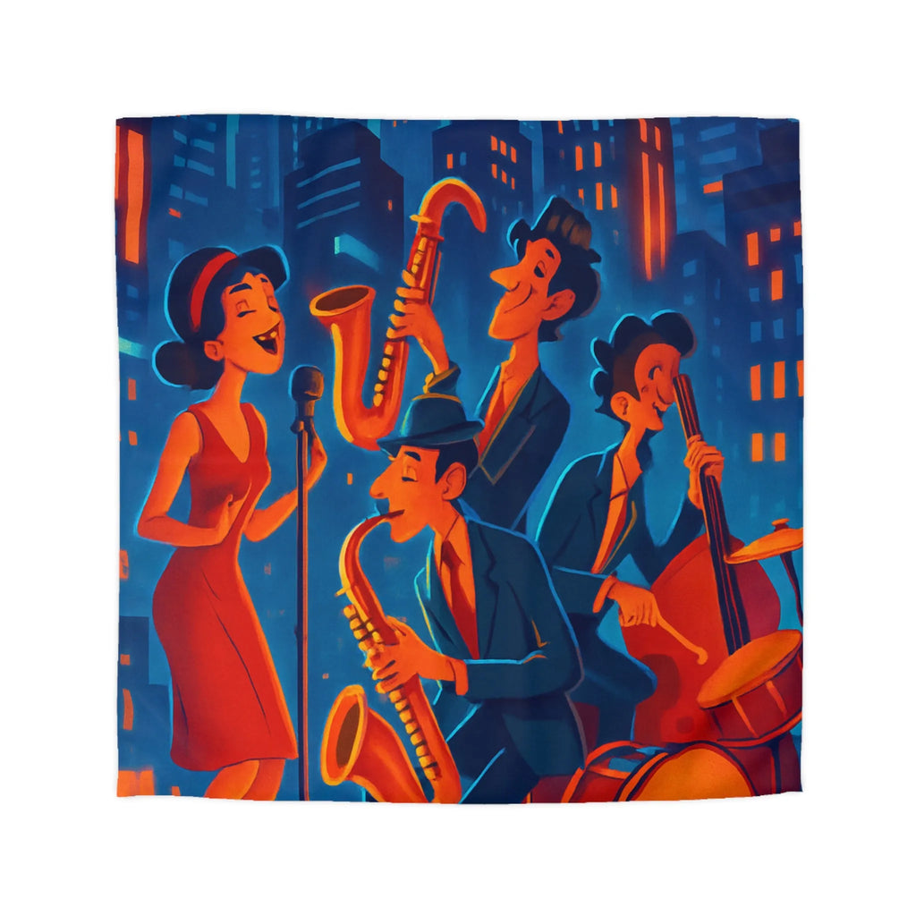 Housse de couette jazz rétro avec chanteuse et musiciens devant gratte-ciels éclairés