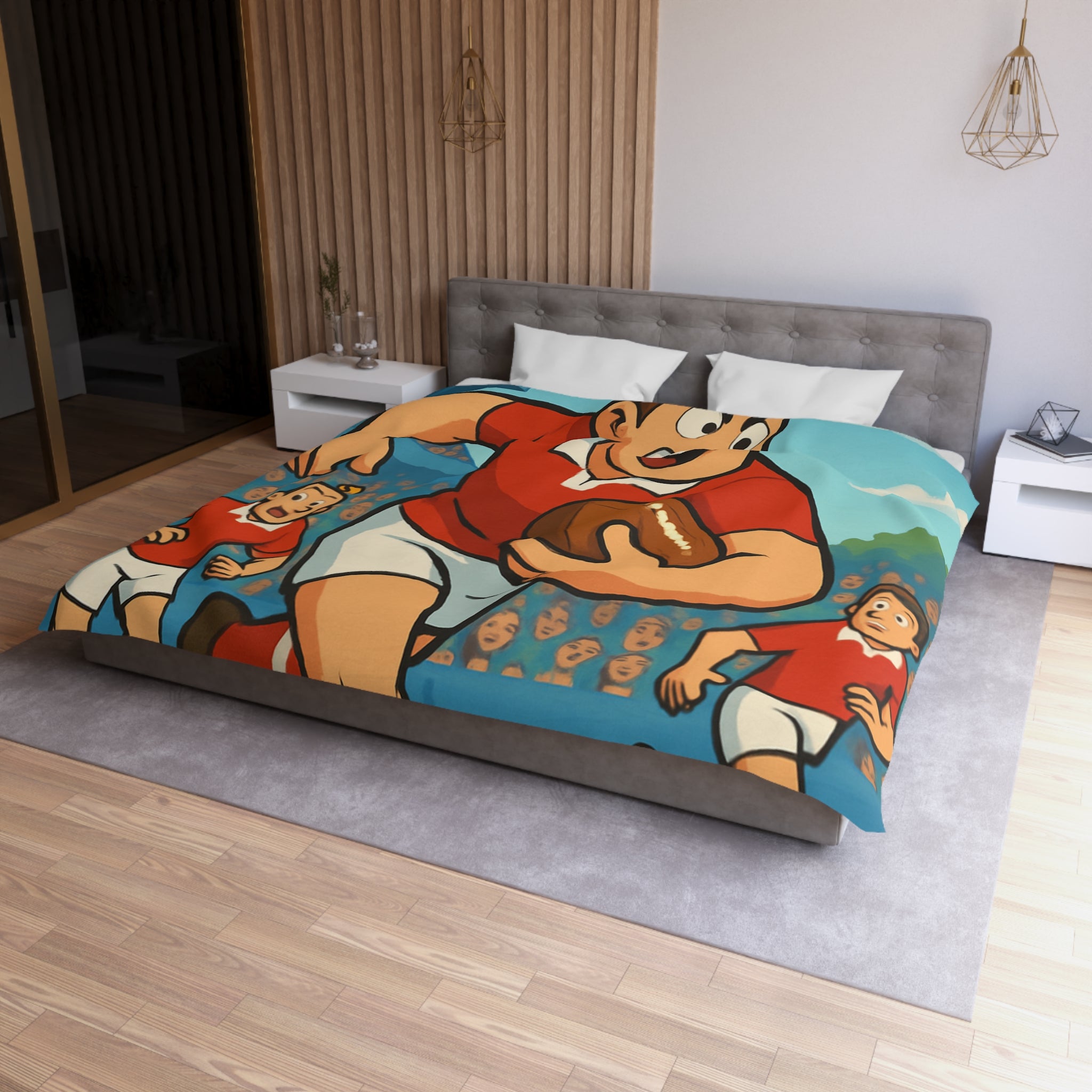 Housse de couette rugby dynamique en rouge et blanc pour chambre d'enfant sportive