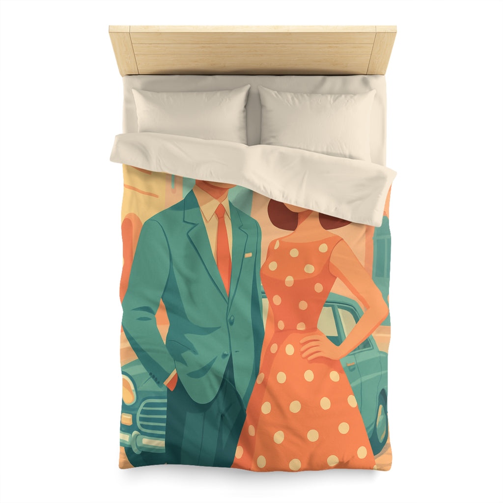 Housse de couette vintage rétro avec couple élégant en habits années 50 chic