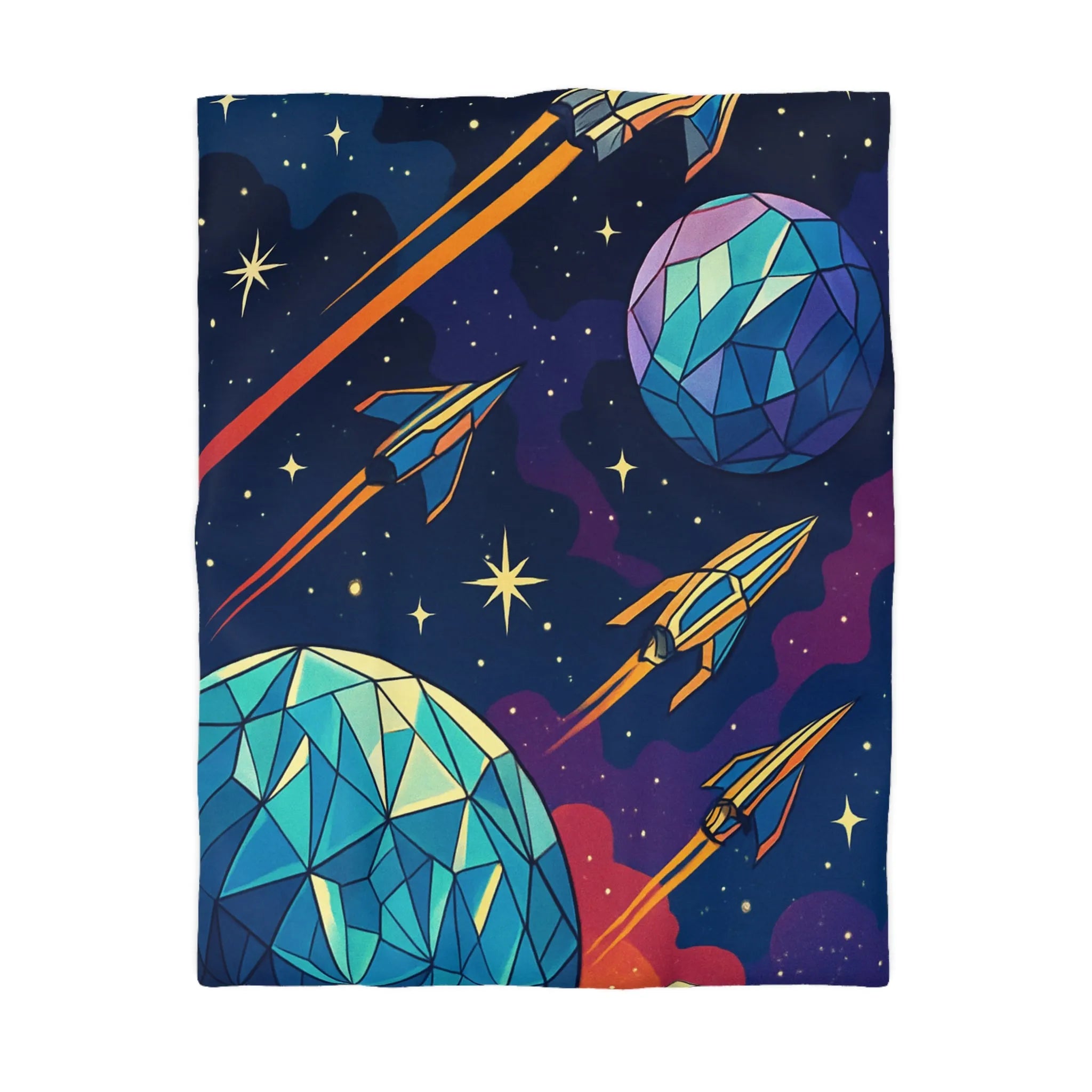 Housse de couette galactique colorée avec fusées et planètes polygonales pour décoration moderne