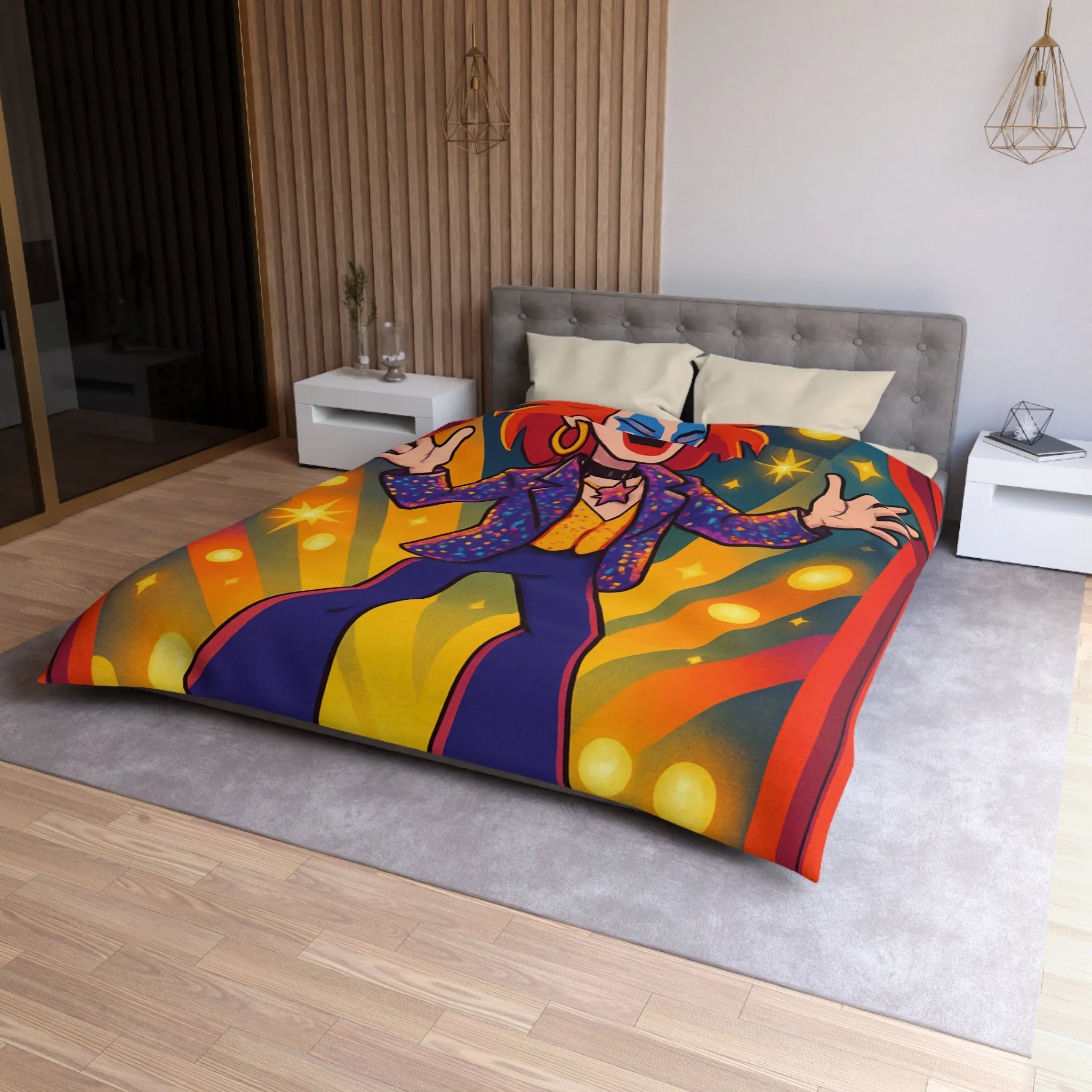 Housse de couette colorée avec personnage énergique sur scène, étoiles et rideaux rouges