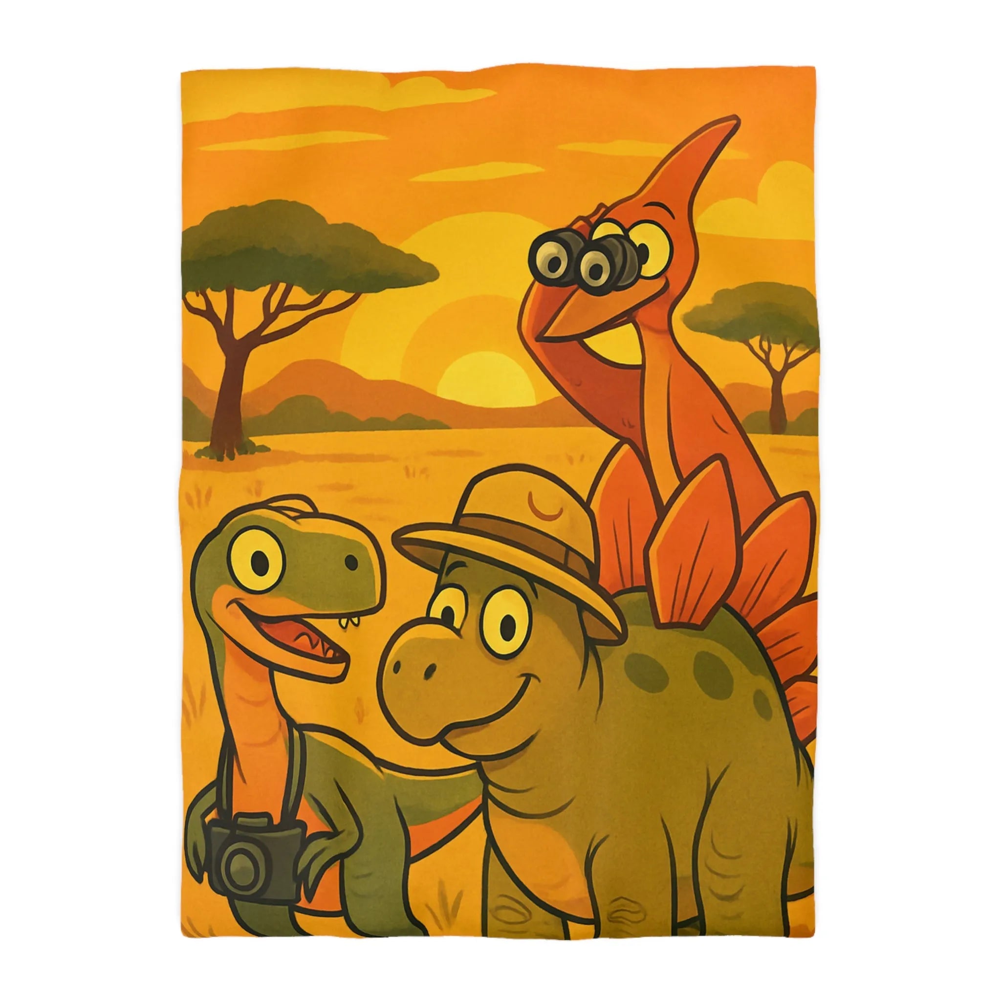 Housse de couette enfant illustrée dinosaures amusants safari coucher de soleil savane jungle