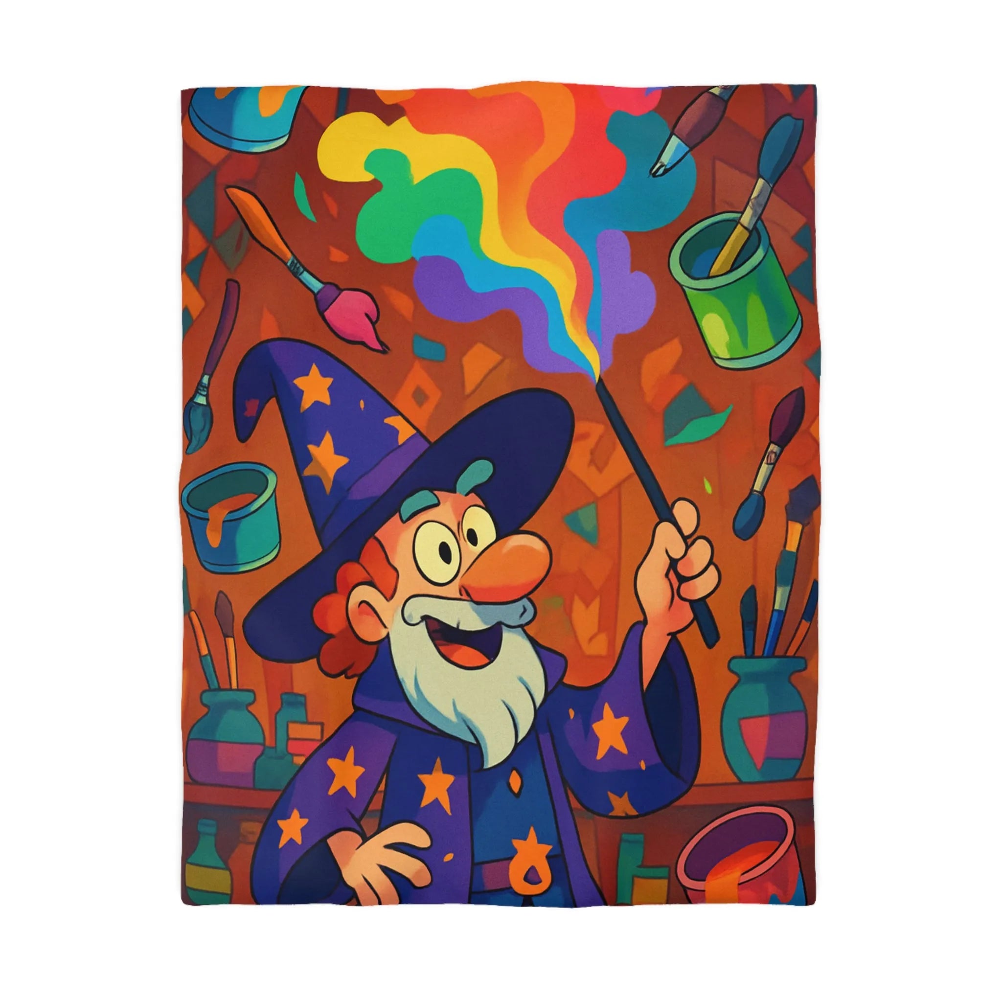 Housse de couette magique colorée avec sorcier et peinture arc-en-ciel vibrante