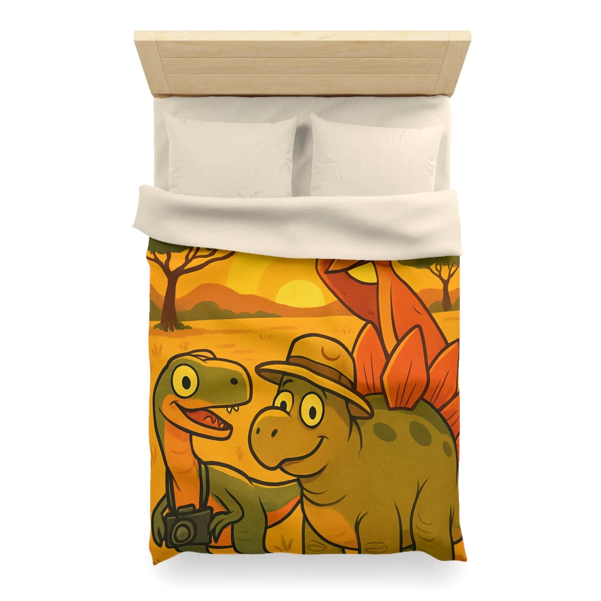 Housse de couette enfant illustrée dinosaures amusants safari coucher de soleil savane jungle